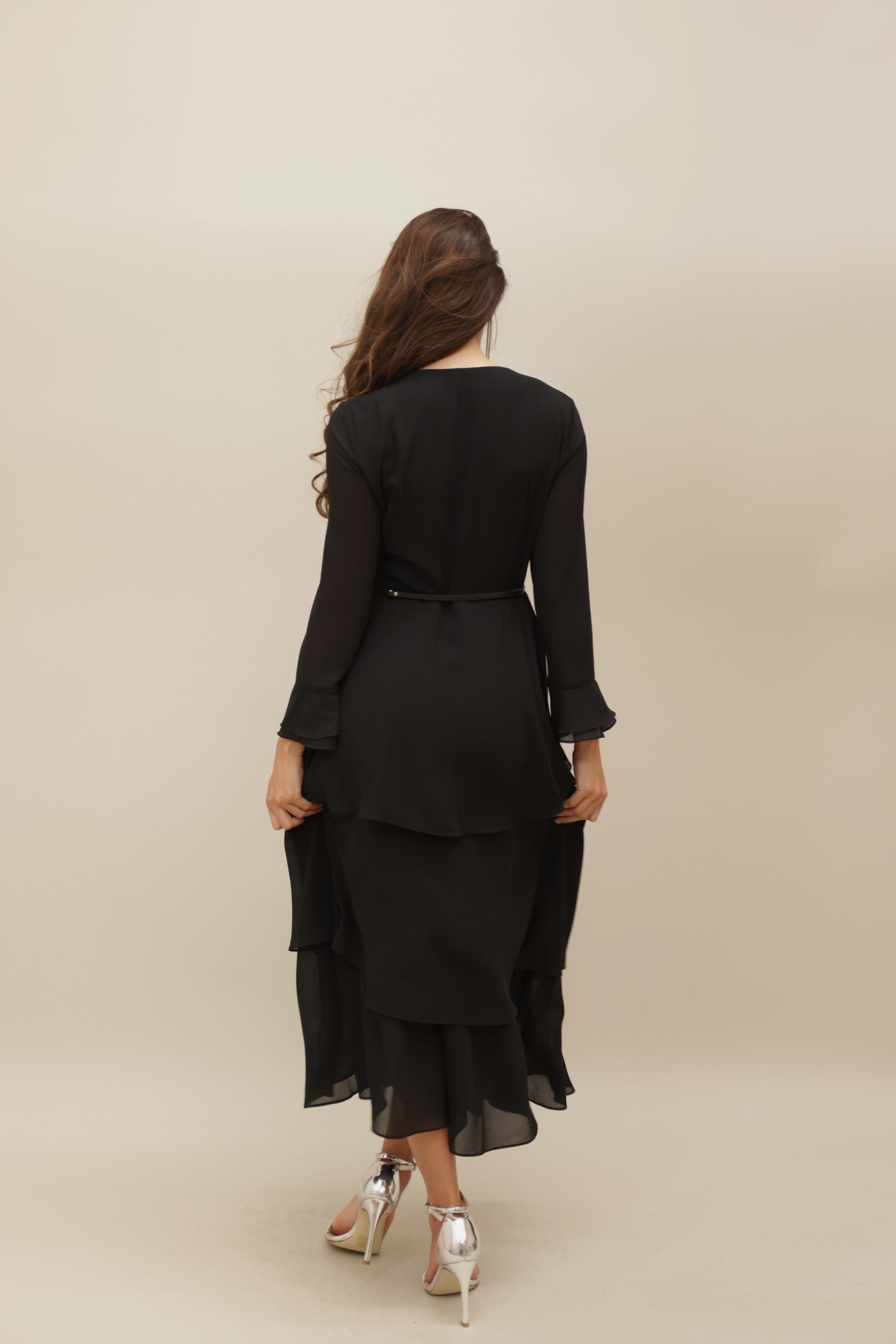 Black Asymmetrical Ruffle Dress with Gold Accent