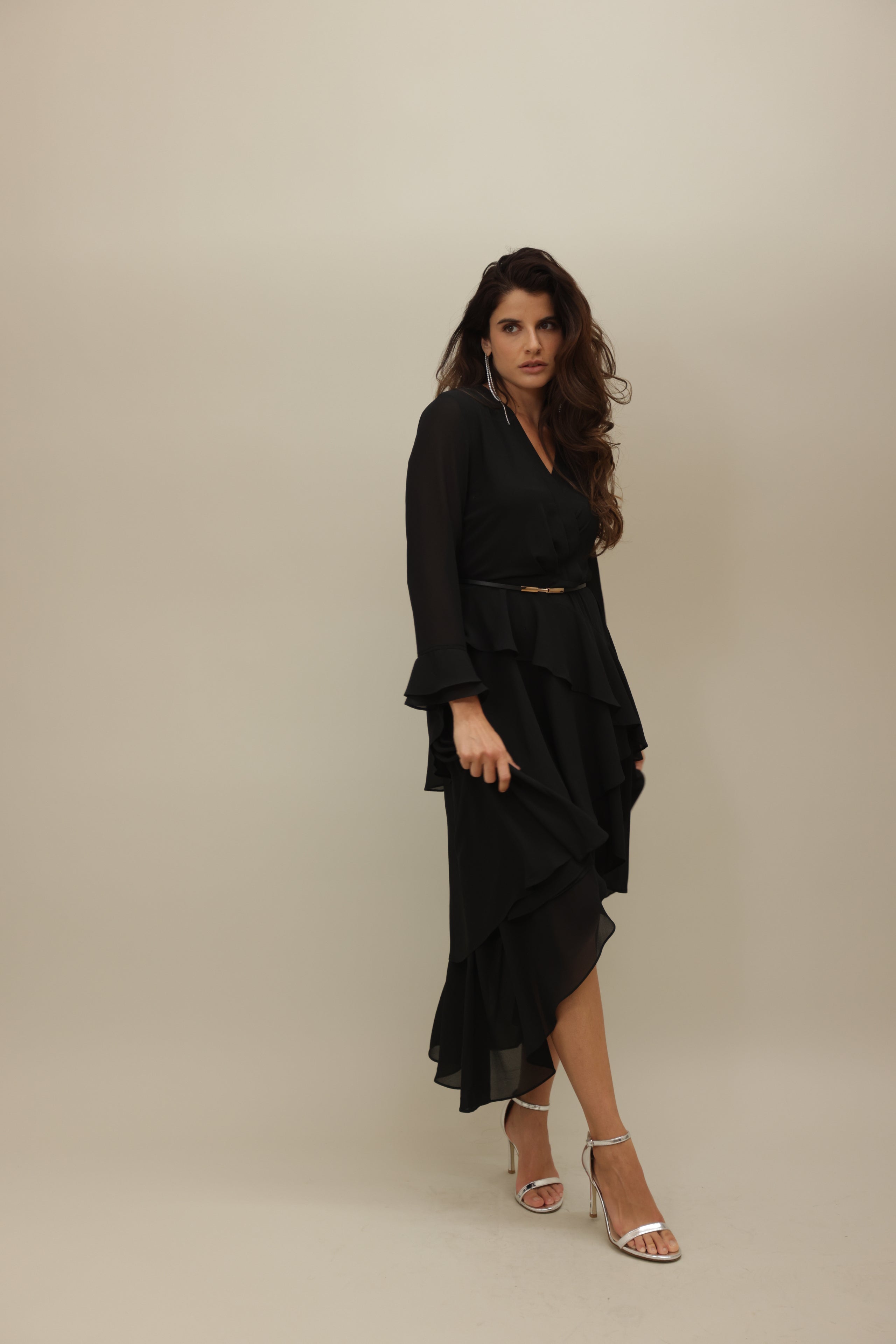 Black Asymmetrical Ruffle Dress with Gold Accent