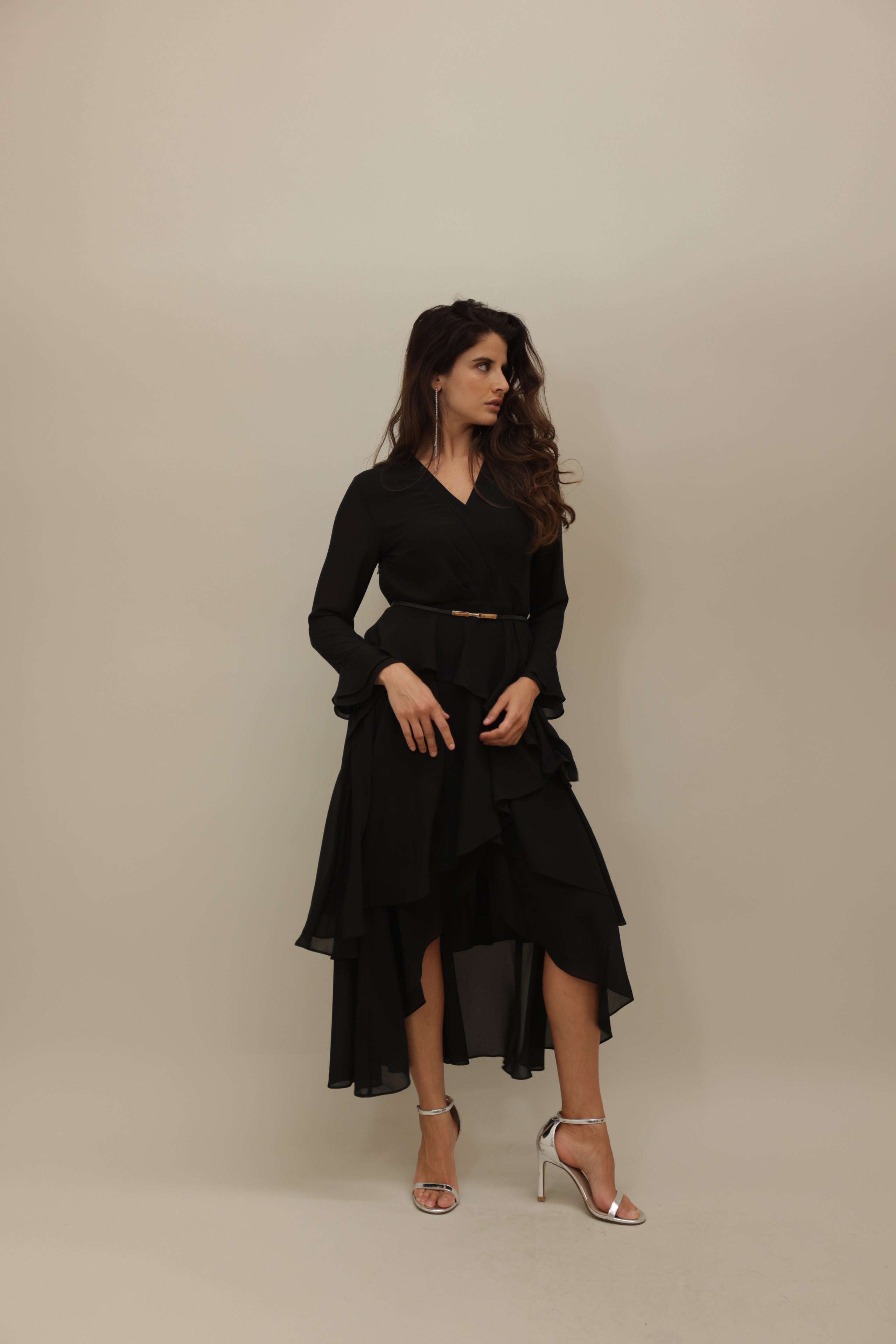 Black Asymmetrical Ruffle Dress with Gold Accent