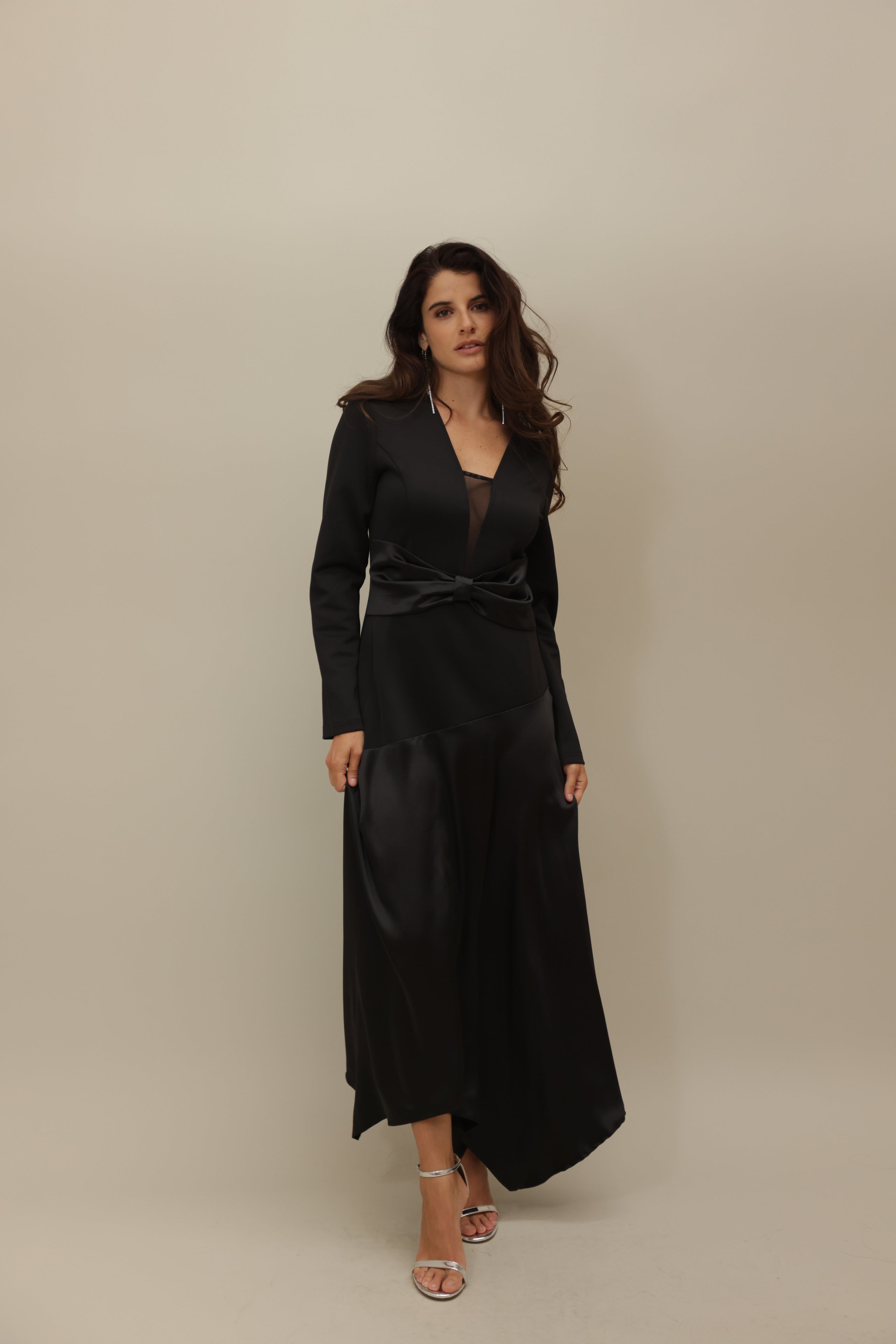Elegant Black Satin Wrap Dress with Sheer Detail