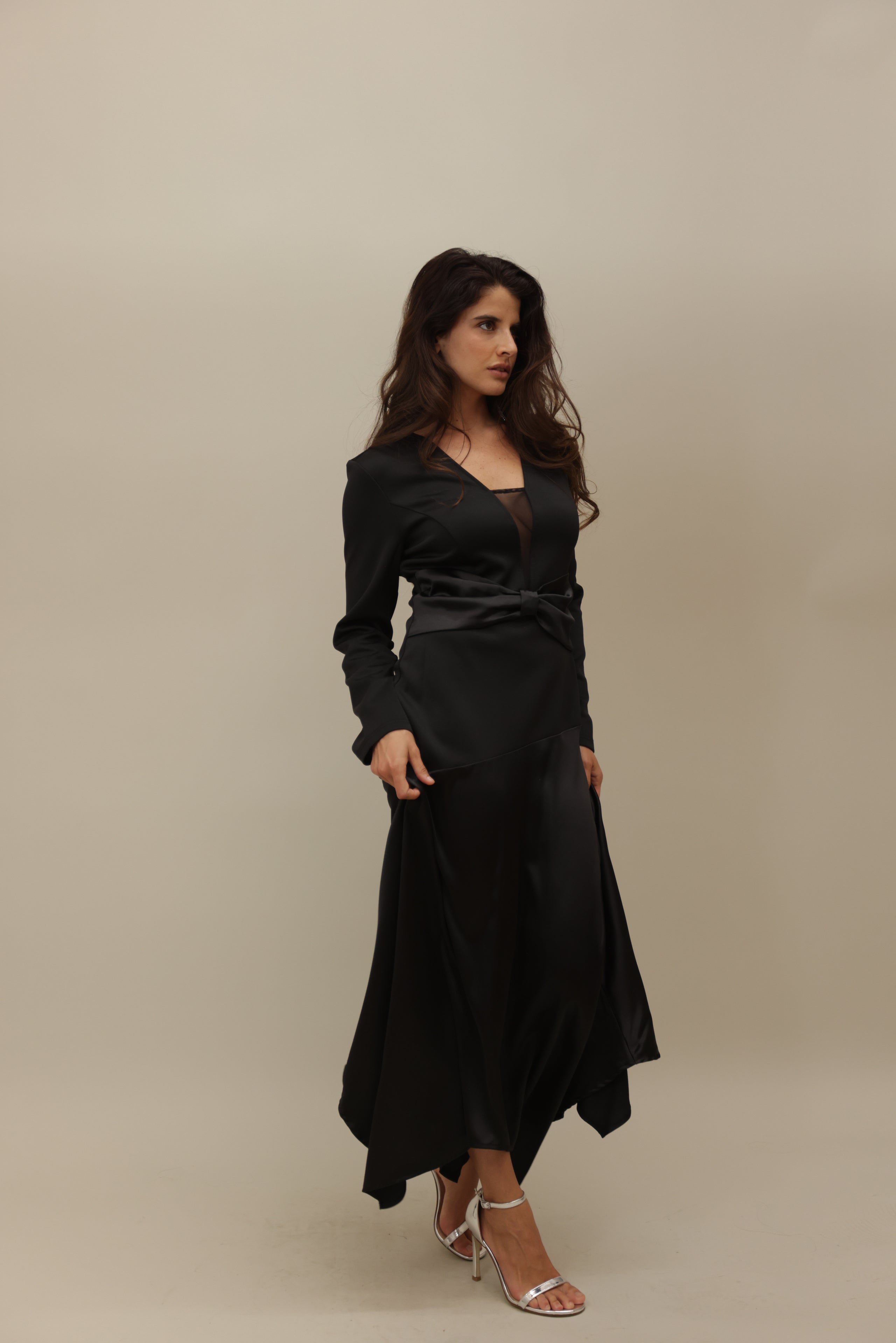 Elegant Black Satin Wrap Dress with Sheer Detail
