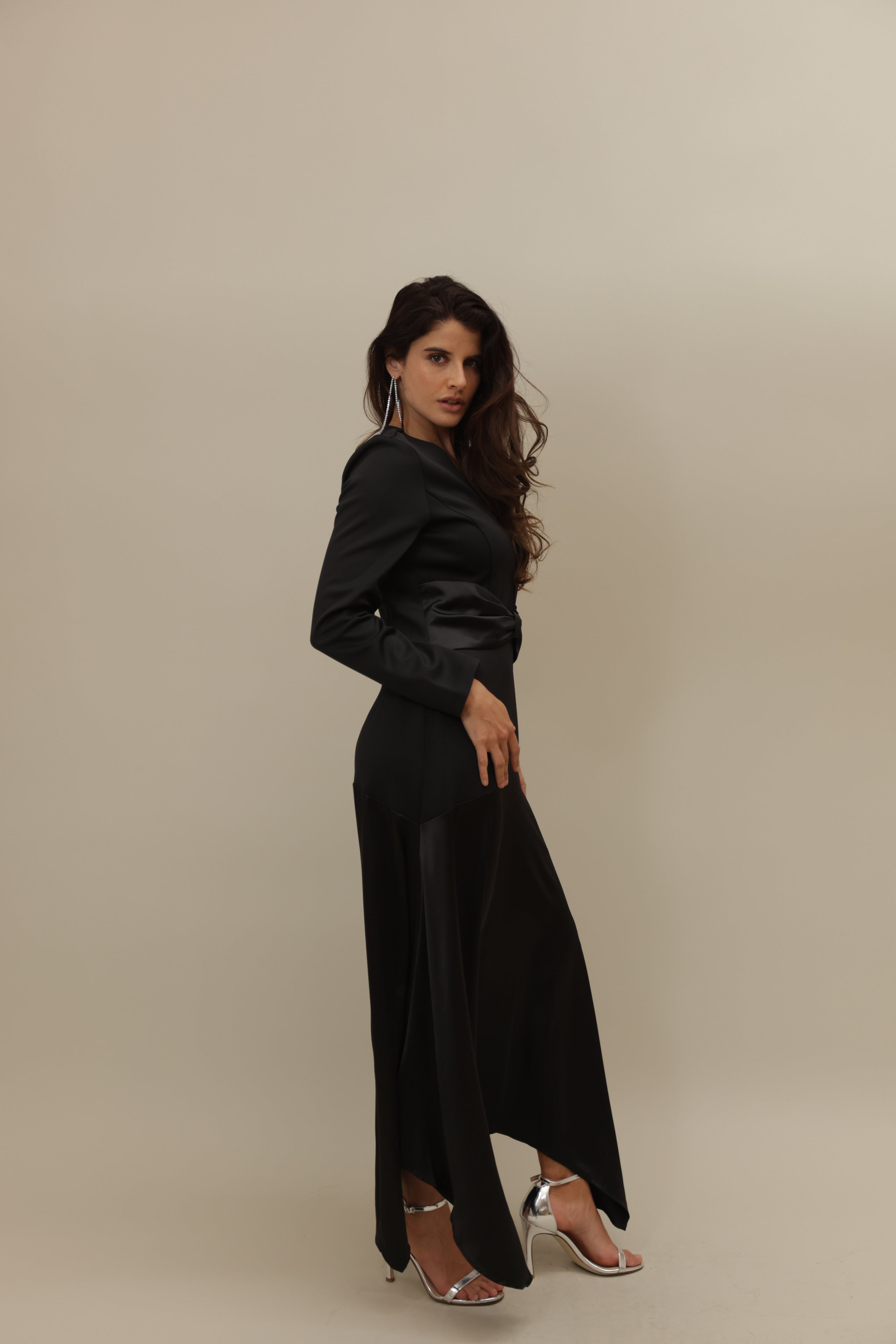 Elegant Black Satin Wrap Dress with Sheer Detail