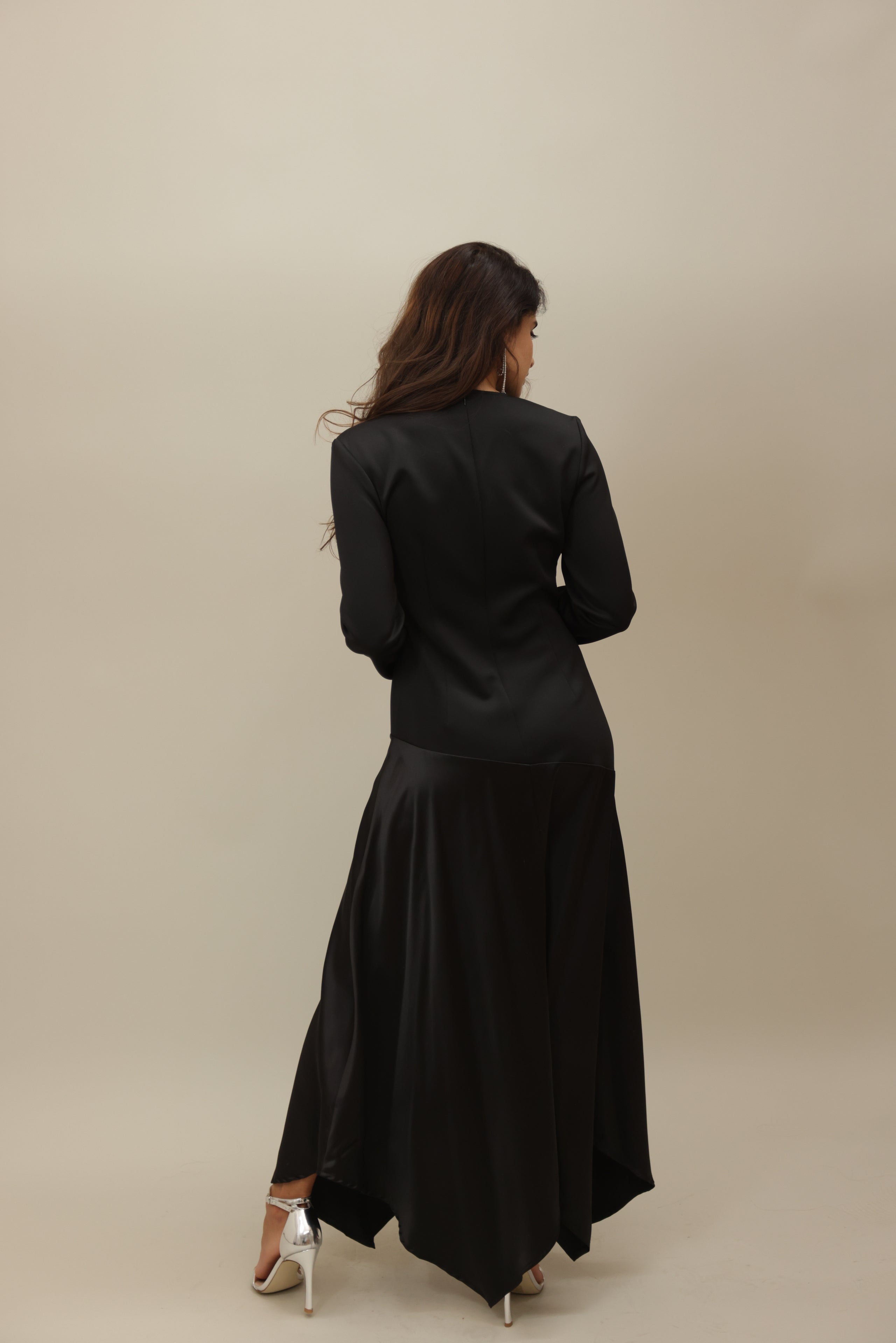 Elegant Black Satin Wrap Dress with Sheer Detail