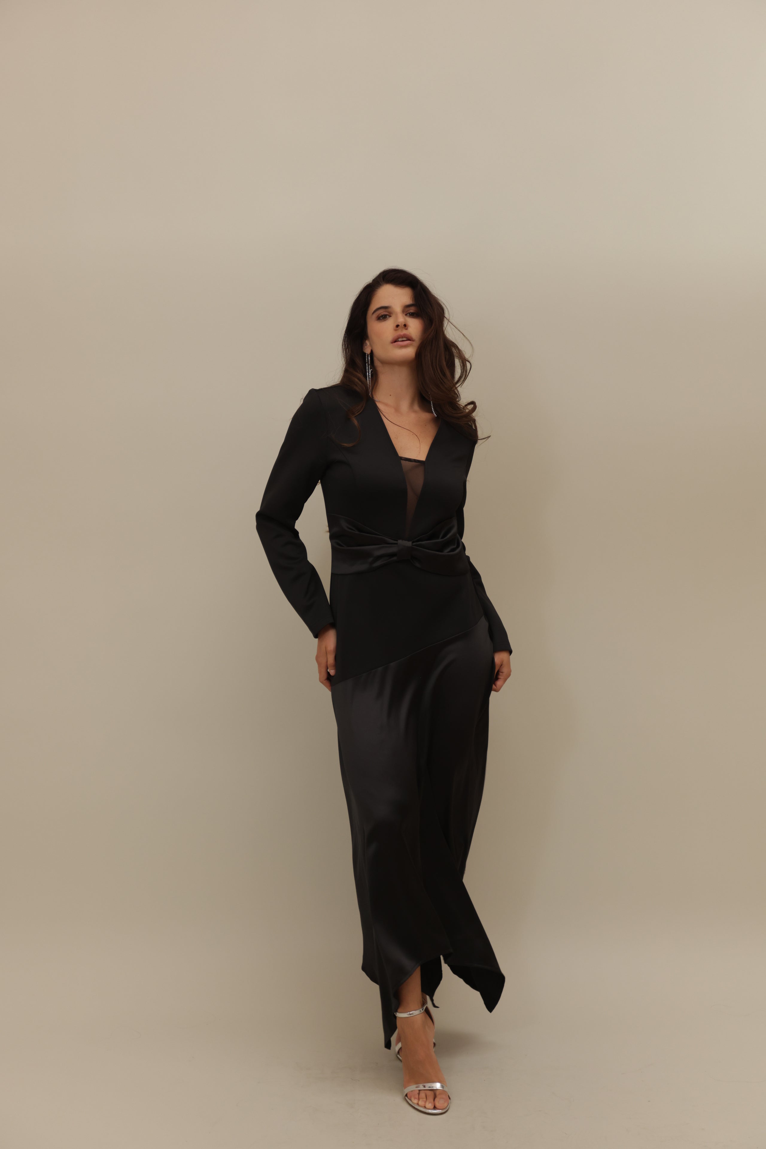 Elegant Black Satin Wrap Dress with Sheer Detail