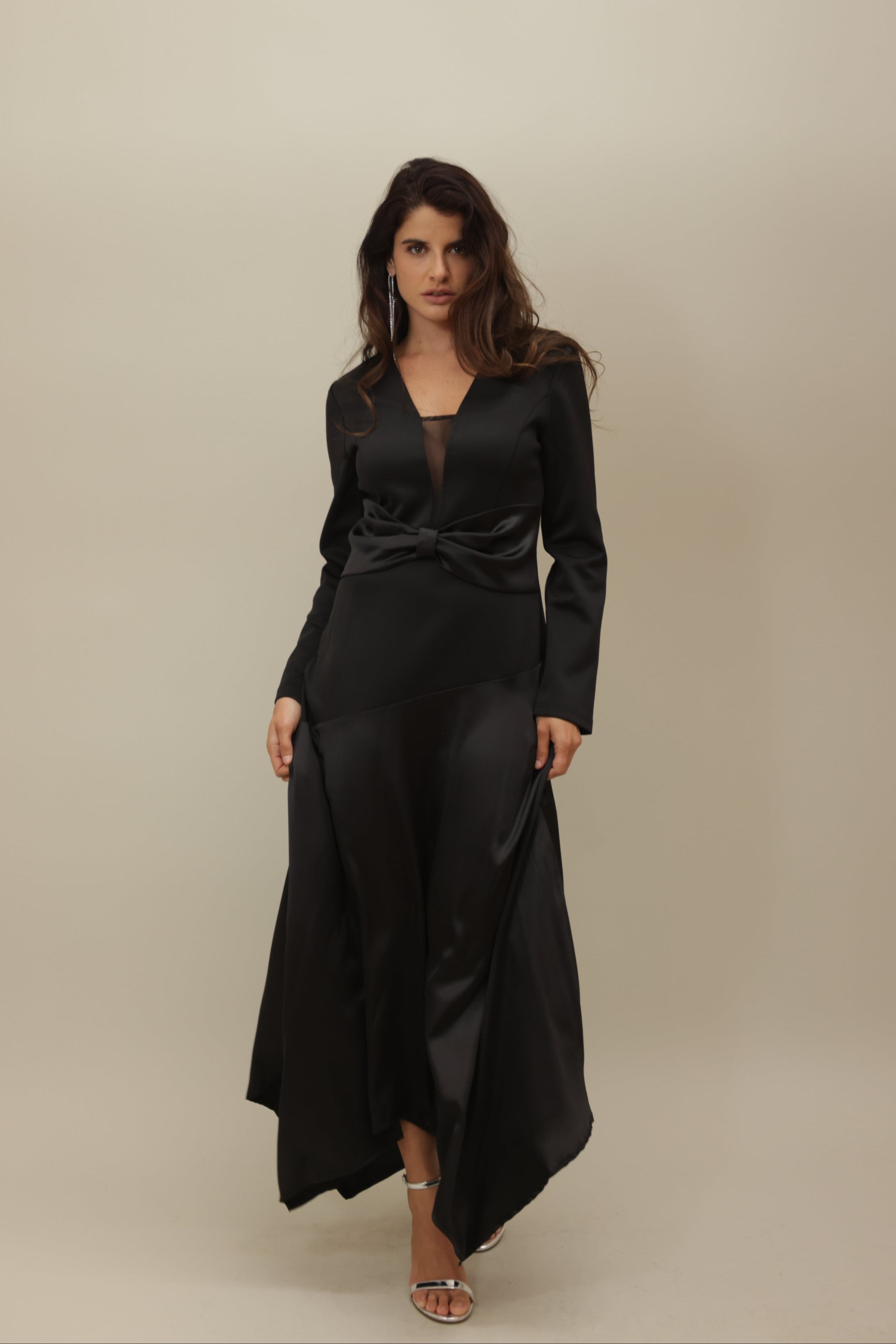 Elegant Black Satin Wrap Dress with Sheer Detail