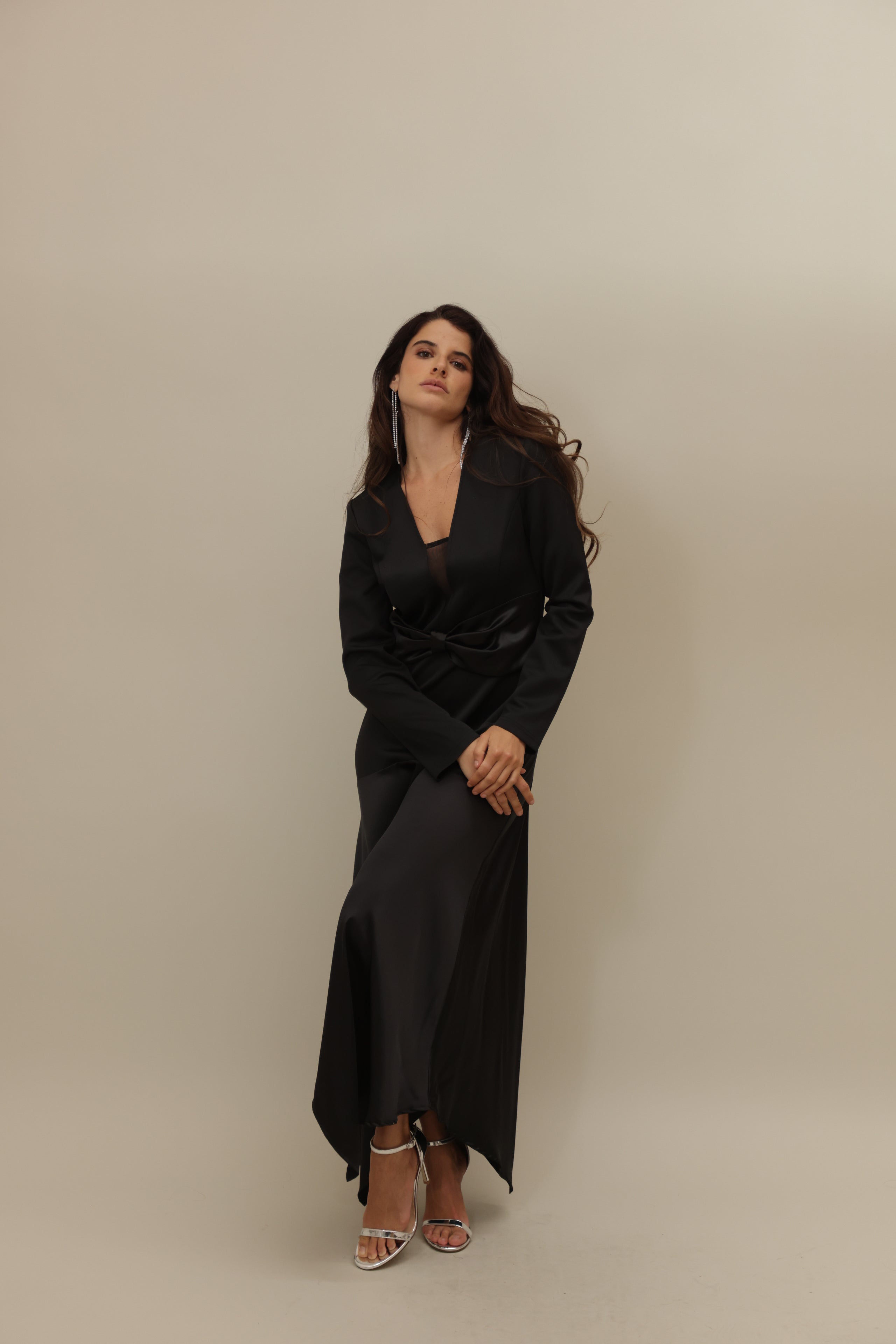Elegant Black Satin Wrap Dress with Sheer Detail