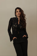 Elegant Black Sheer Lace Blouse with Tie Detail