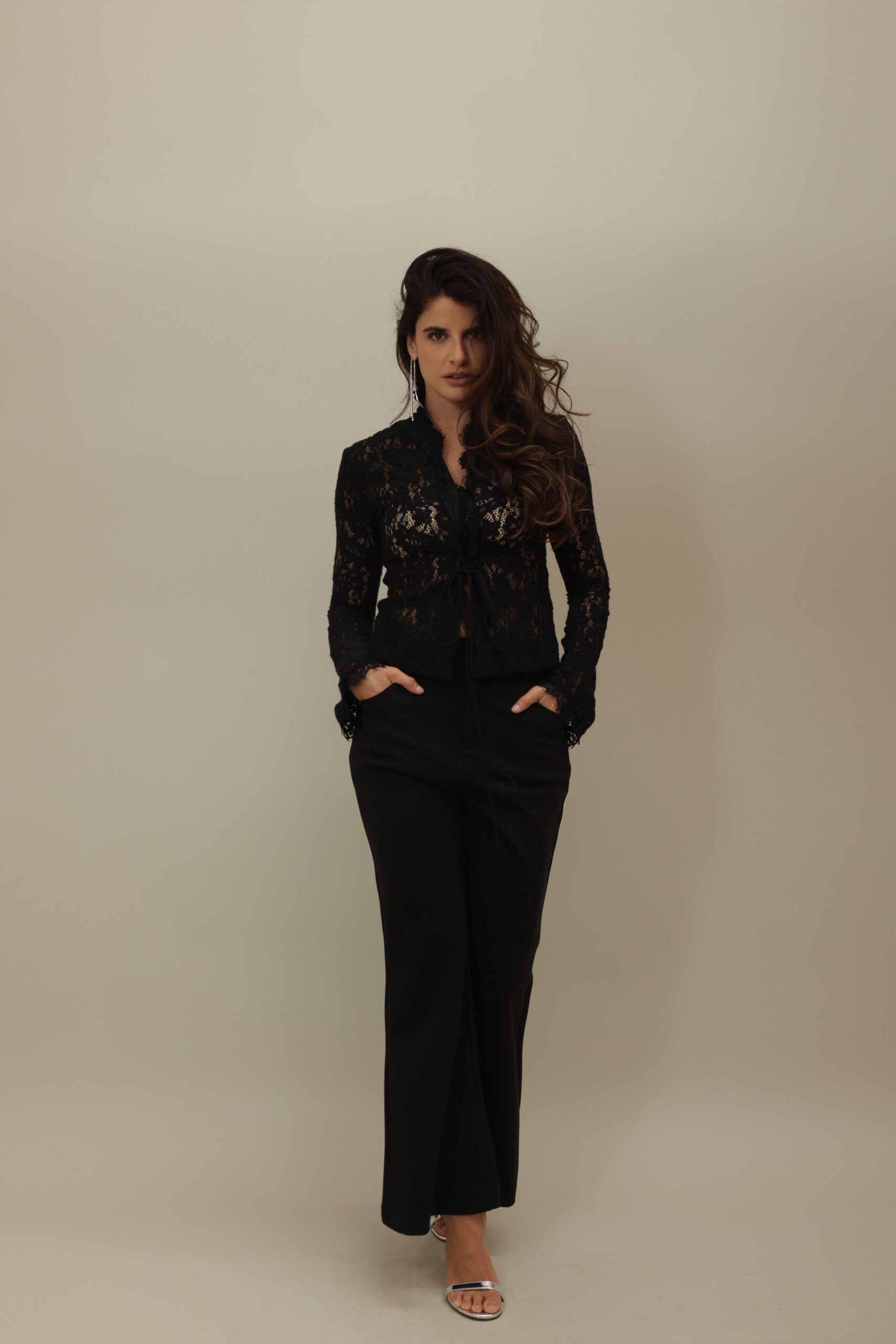 Elegant Black Sheer Lace Blouse with Tie Detail