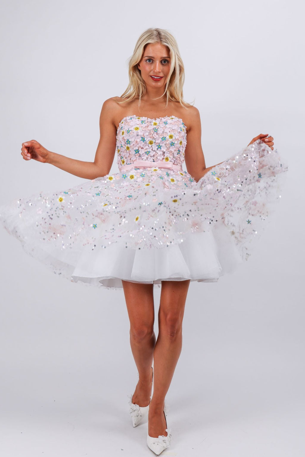 Hand embroidered pink flower couture atelier mini dress