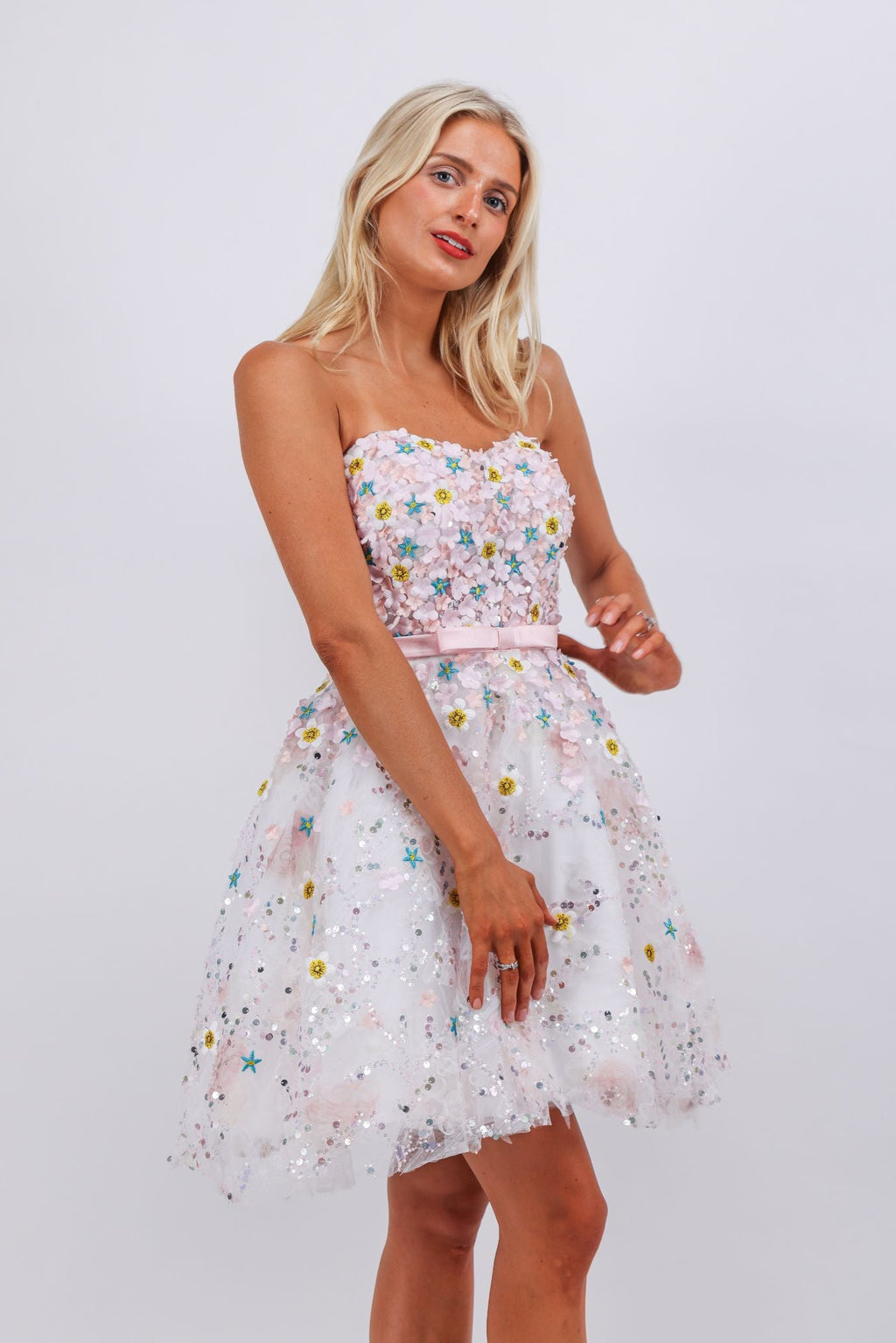 Hand embroidered pink flower couture atelier mini dress