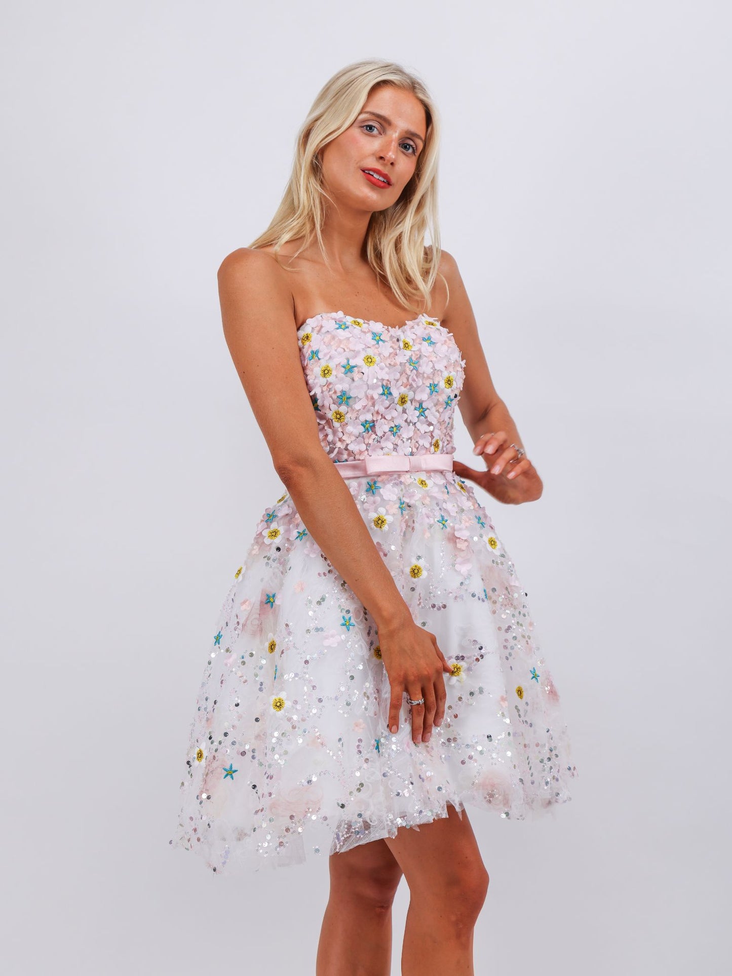 Emma hand embroidered pink flower couture atelier mini dress