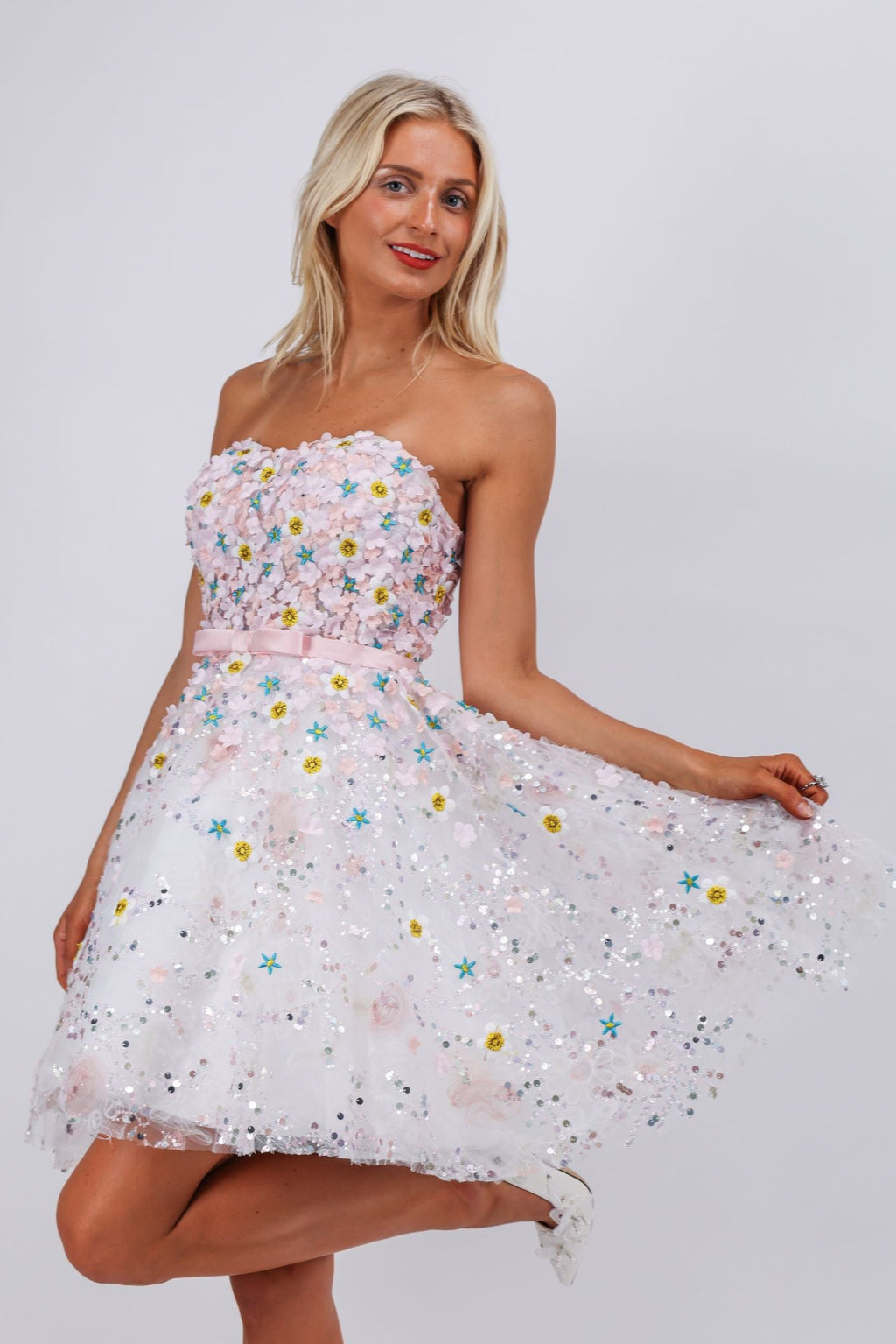 Hand embroidered pink flower couture atelier mini dress