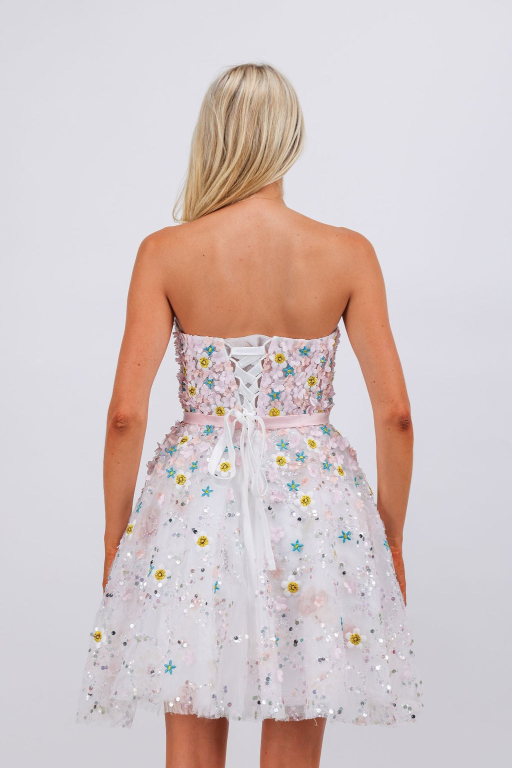 Hand embroidered pink flower couture atelier mini dress