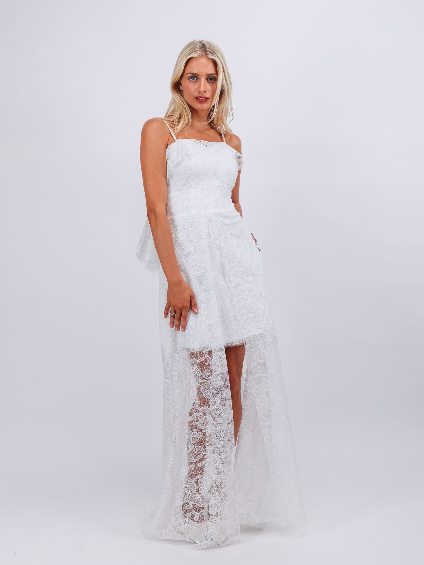 Eleanor white lace and embroidery high low bridal dress with removable bow