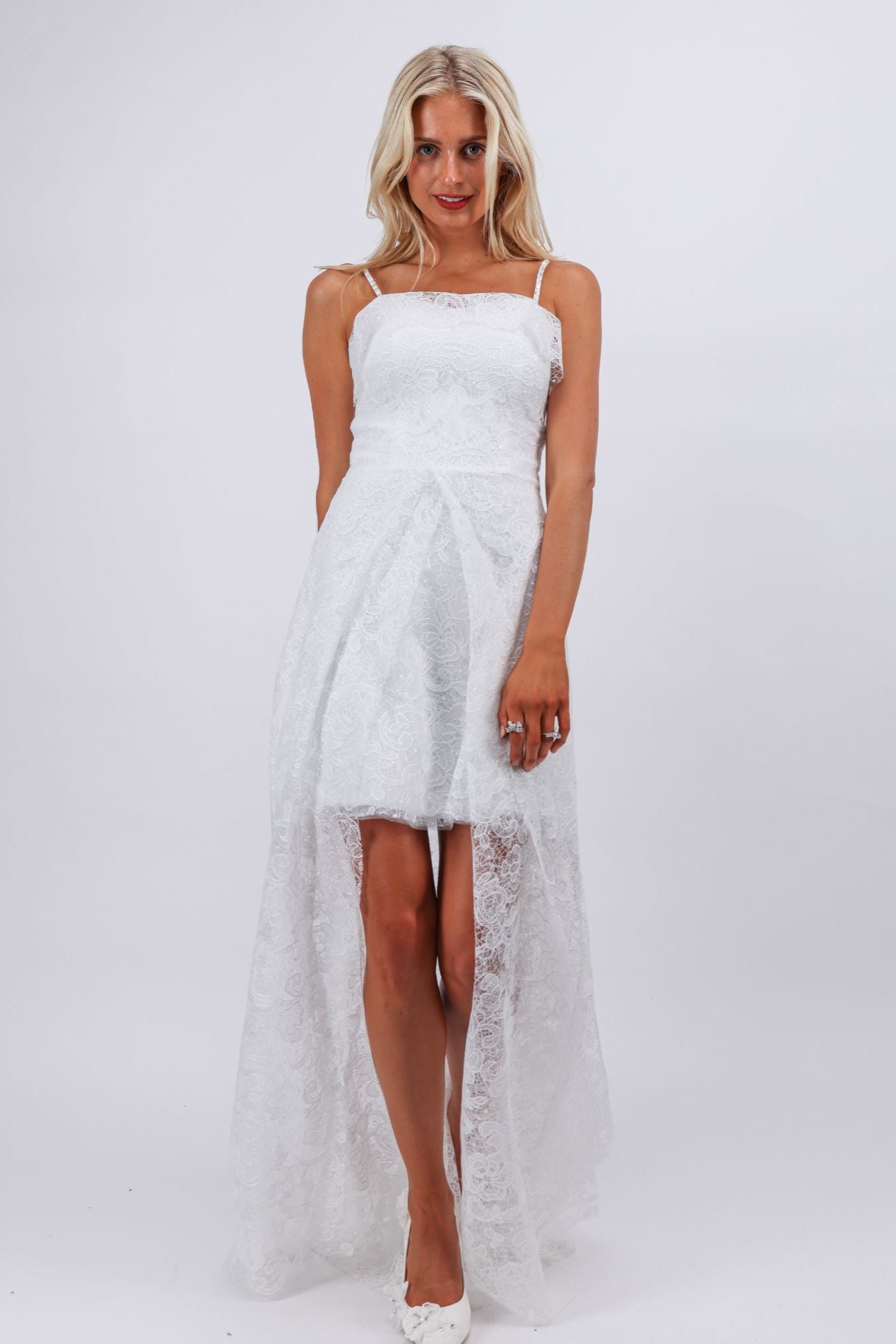 Vivienne Lace Overlay Mini Dress with Sheer Train