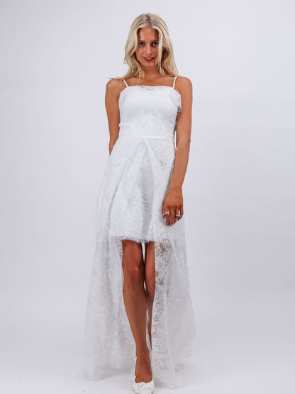 Eleanor white lace and embroidery high low bridal dress with removable bow