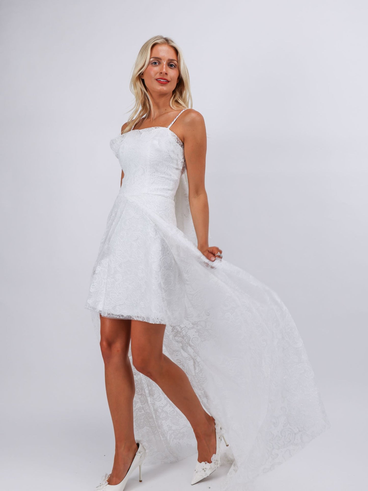 Eleanor white lace and embroidery high low bridal dress with removable bow