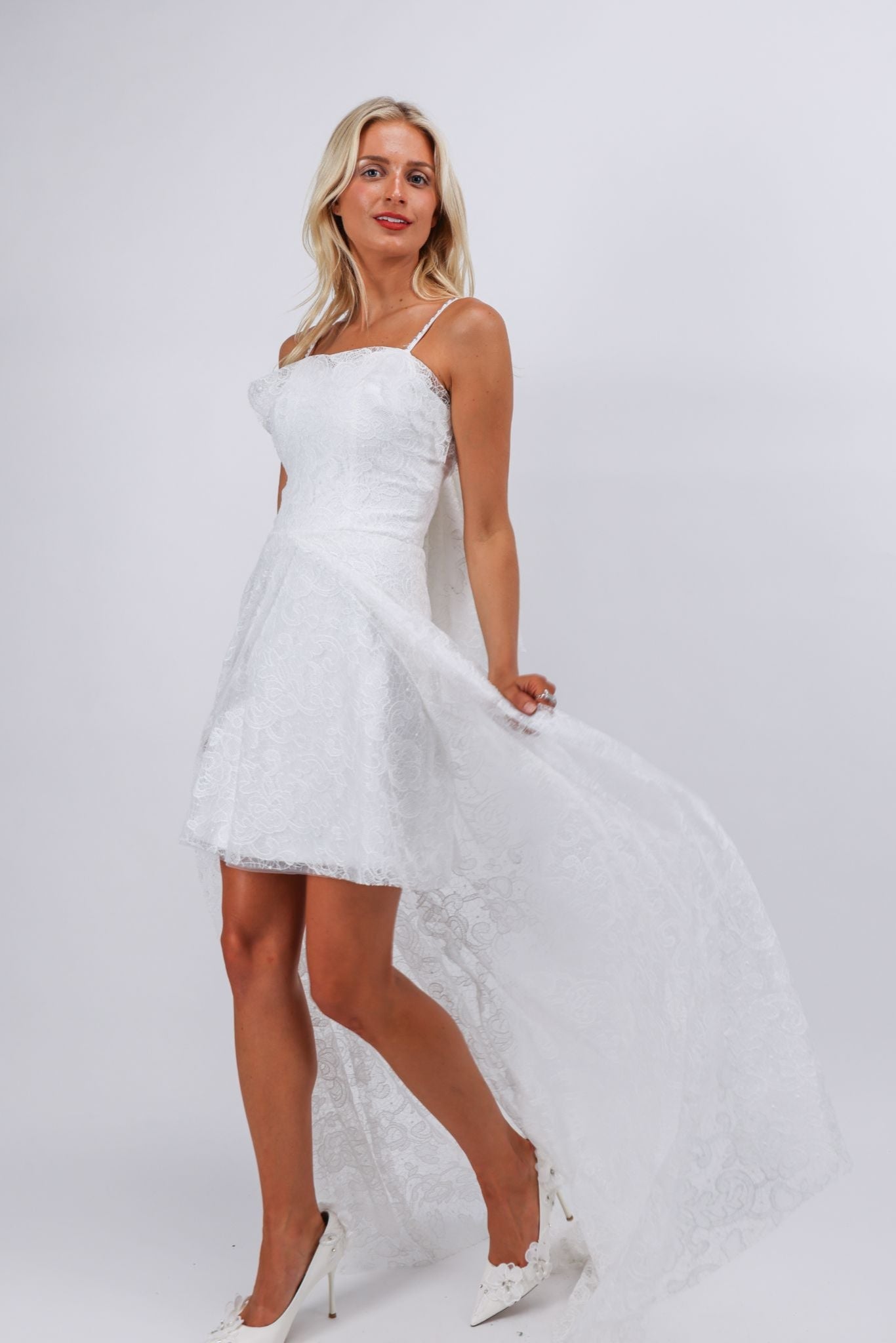 Vivienne Lace Overlay Mini Dress with Sheer Train