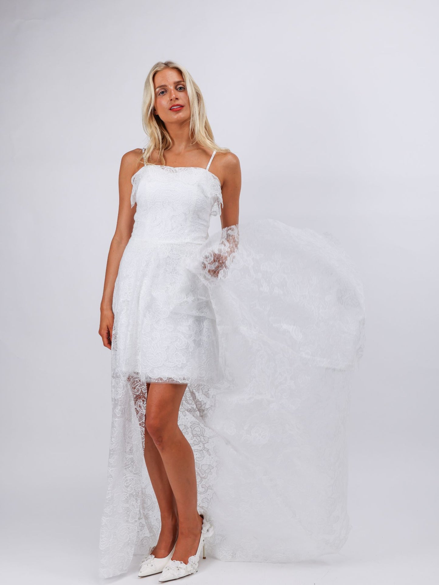 Eleanor white lace and embroidery high low bridal dress with removable bow