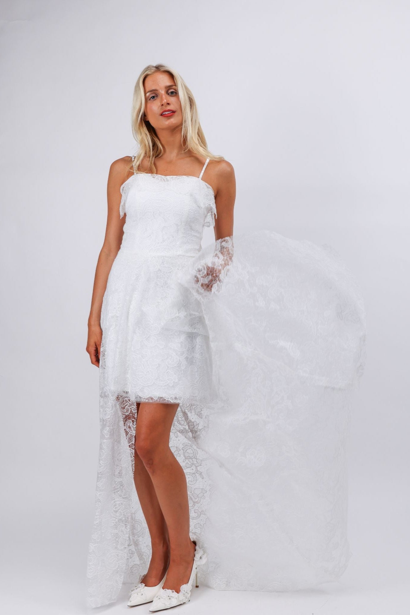 Vivienne Lace Overlay Mini Dress with Sheer Train