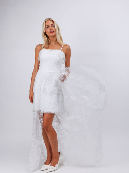 Eleanor white lace and embroidery high low bridal dress with removable bow