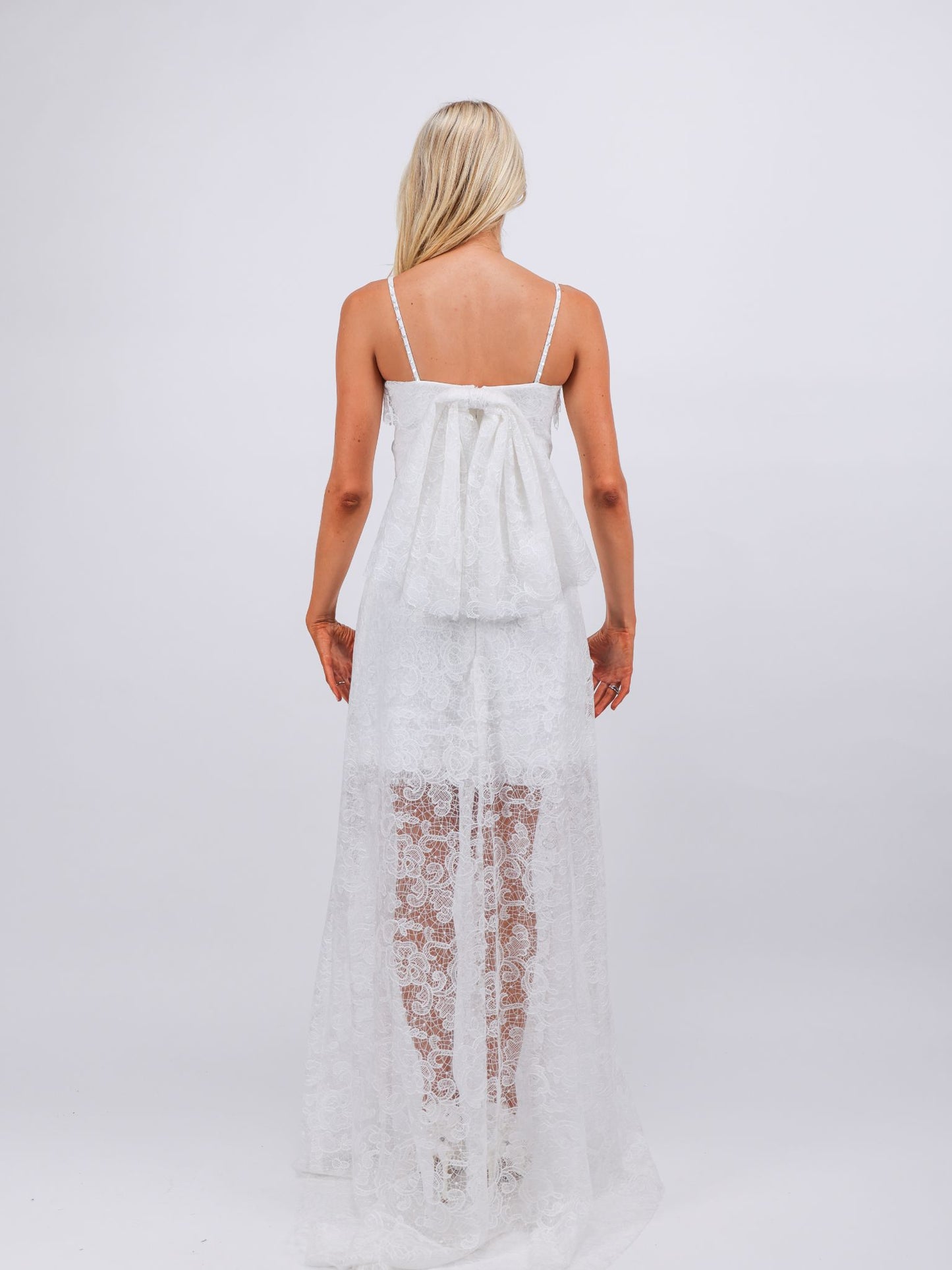 Eleanor white lace and embroidery high low bridal dress with removable bow