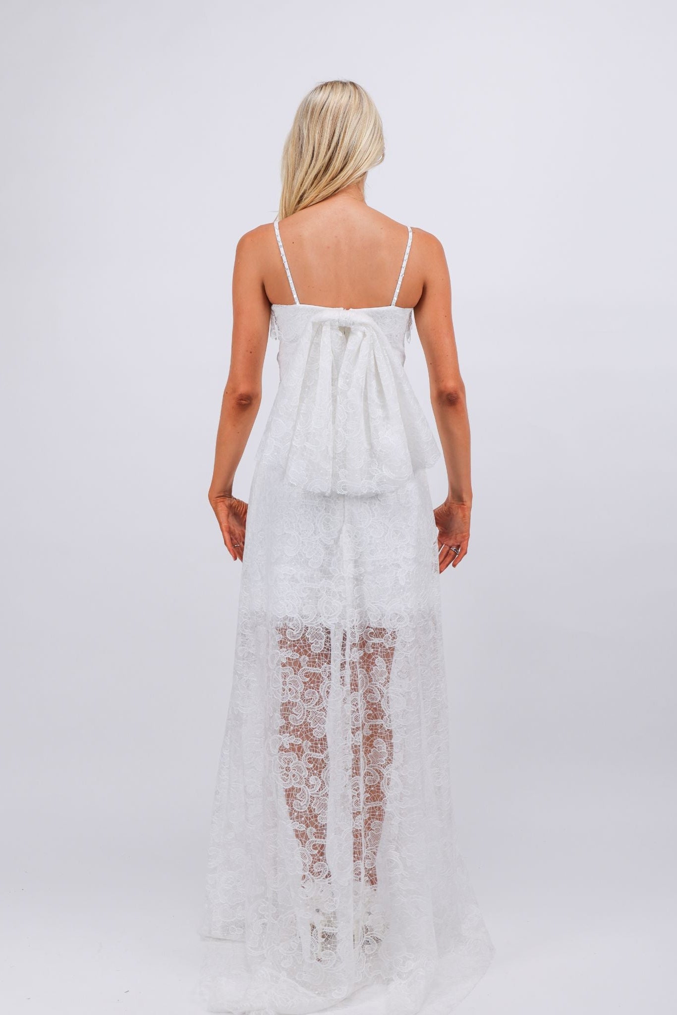 Vivienne Lace Overlay Mini Dress with Sheer Train