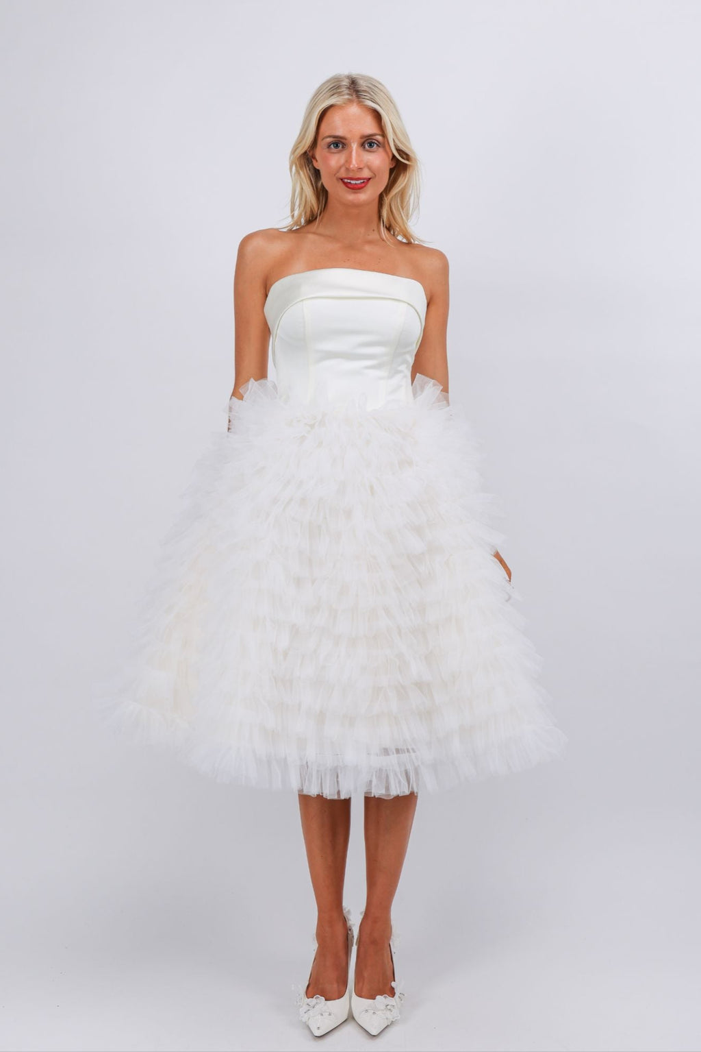ivory satin ruffle strapless dress Bandeau Ruffle-Trim Corset Gown in elegantly designed for a flattering silhouette Clementine Strapless High Low Ruffle