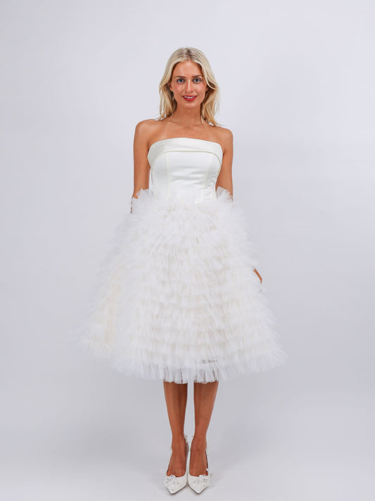 Mia ivory fitted ruffle texture midi cocktail evening dress