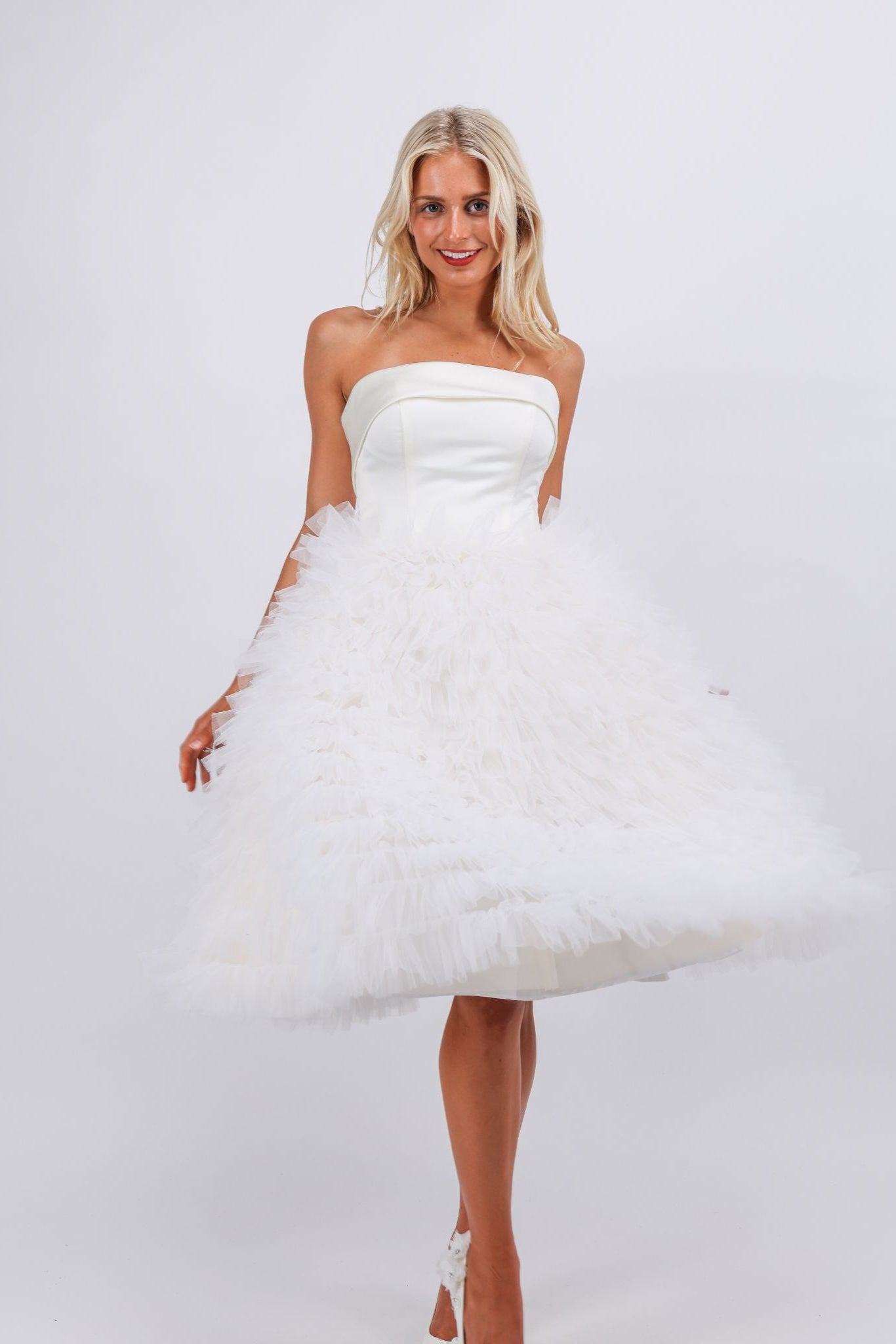 Ivory Strapless Tulle Ruffle Midi Dress