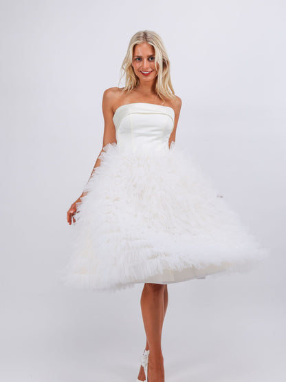 Mia ivory fitted ruffle texture midi cocktail evening dress