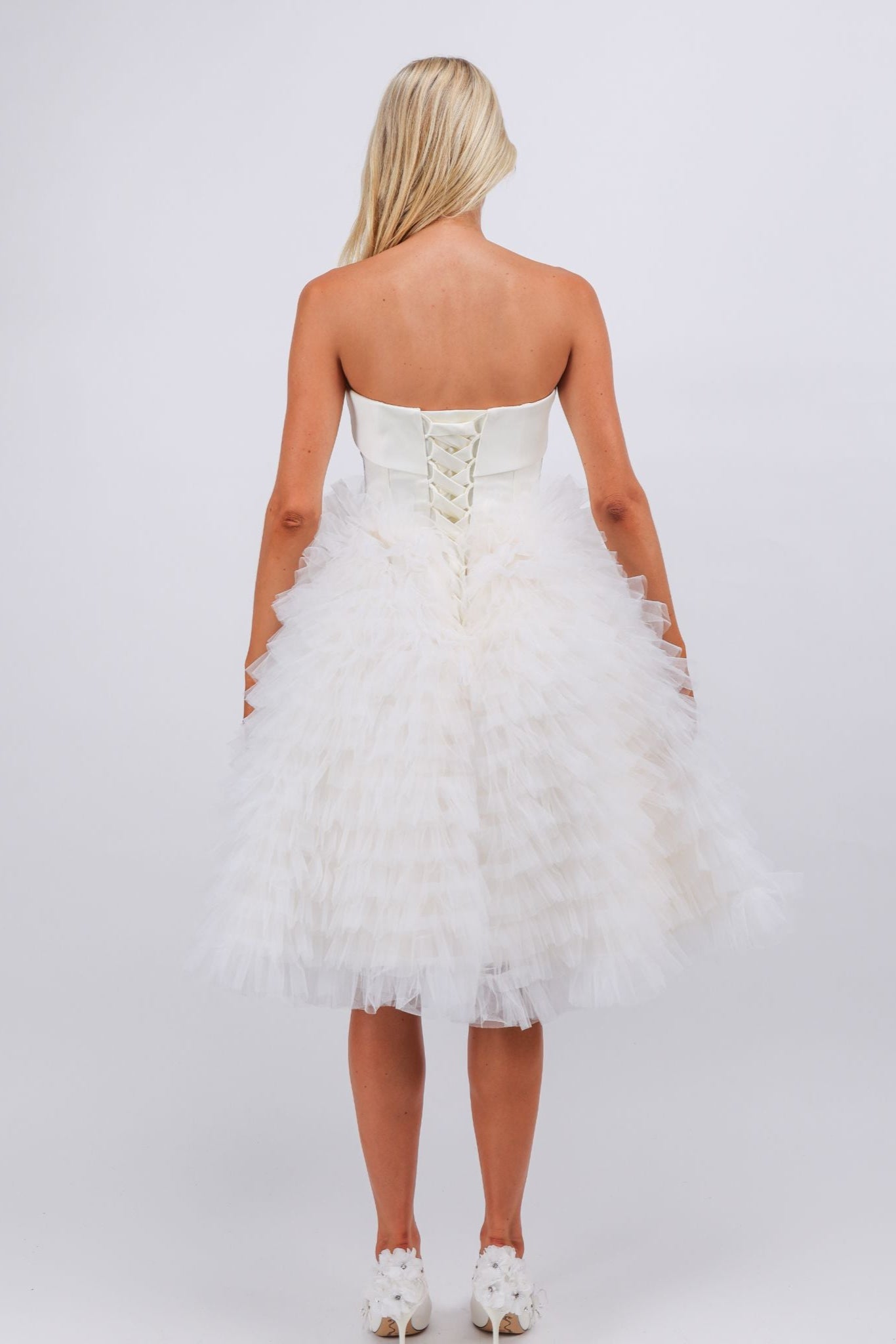 Ivory Strapless Tulle Ruffle Midi Dress