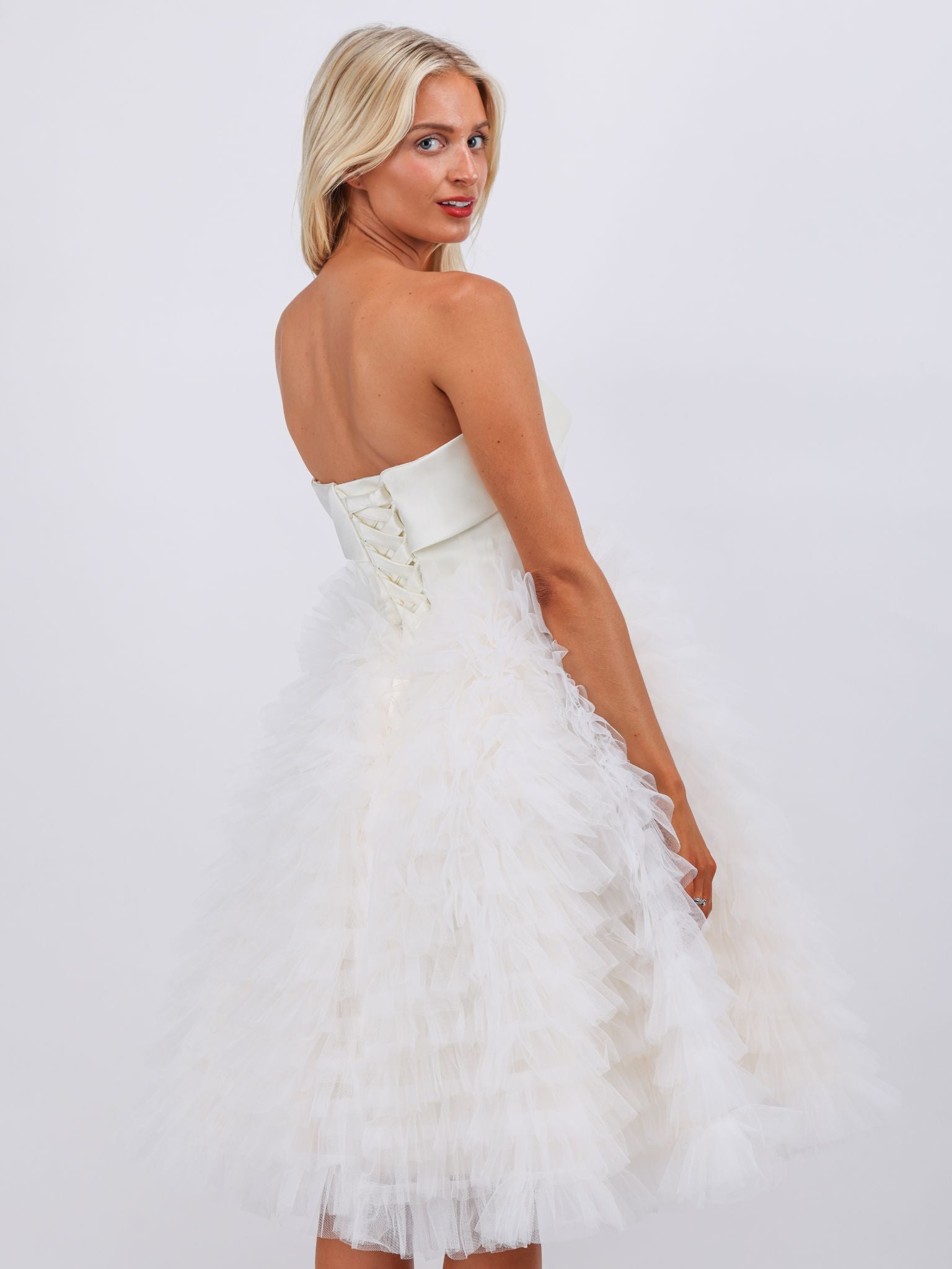 Ivory Strapless Tulle Ruffle Midi Dress