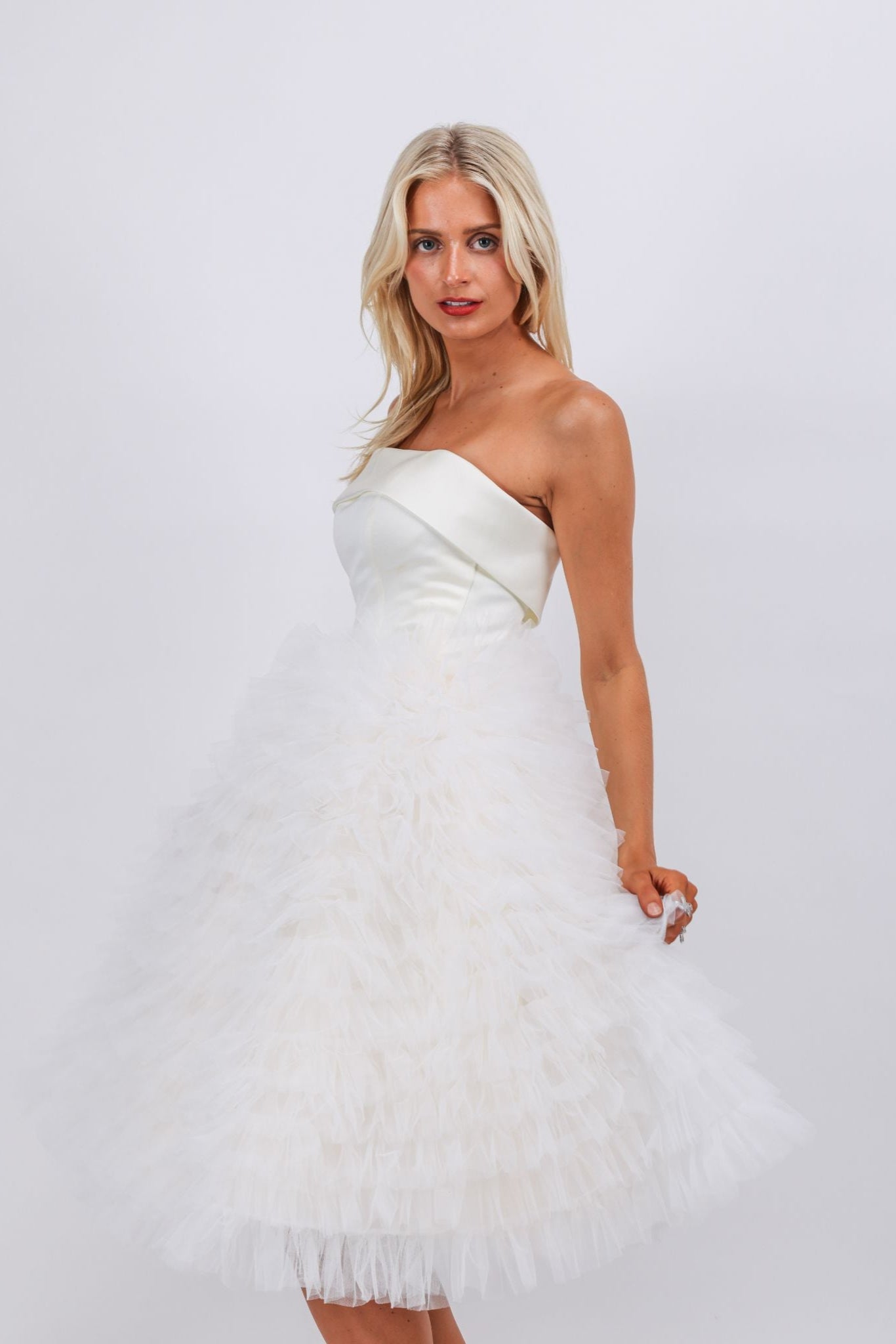 Ivory Strapless Tulle Ruffle Midi Dress