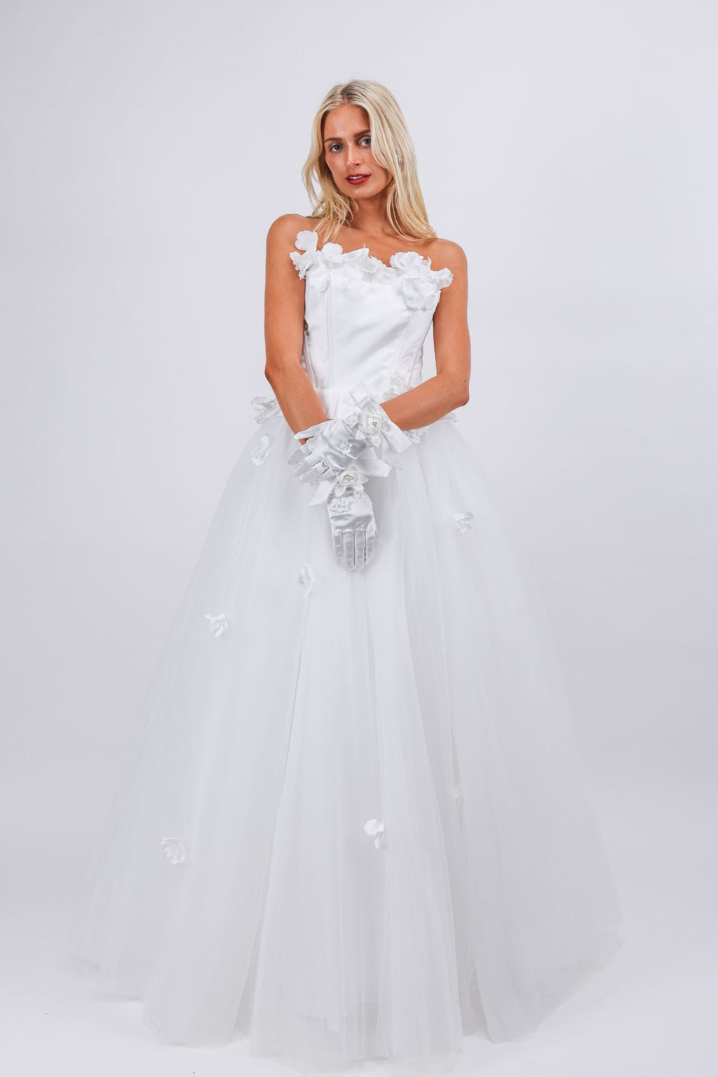 Floral Appliqué Corset Tulle Gown