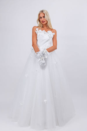 Robe de mariée longue blanche sans bretelles Ivone sur mesure avec motif de fleurs pop