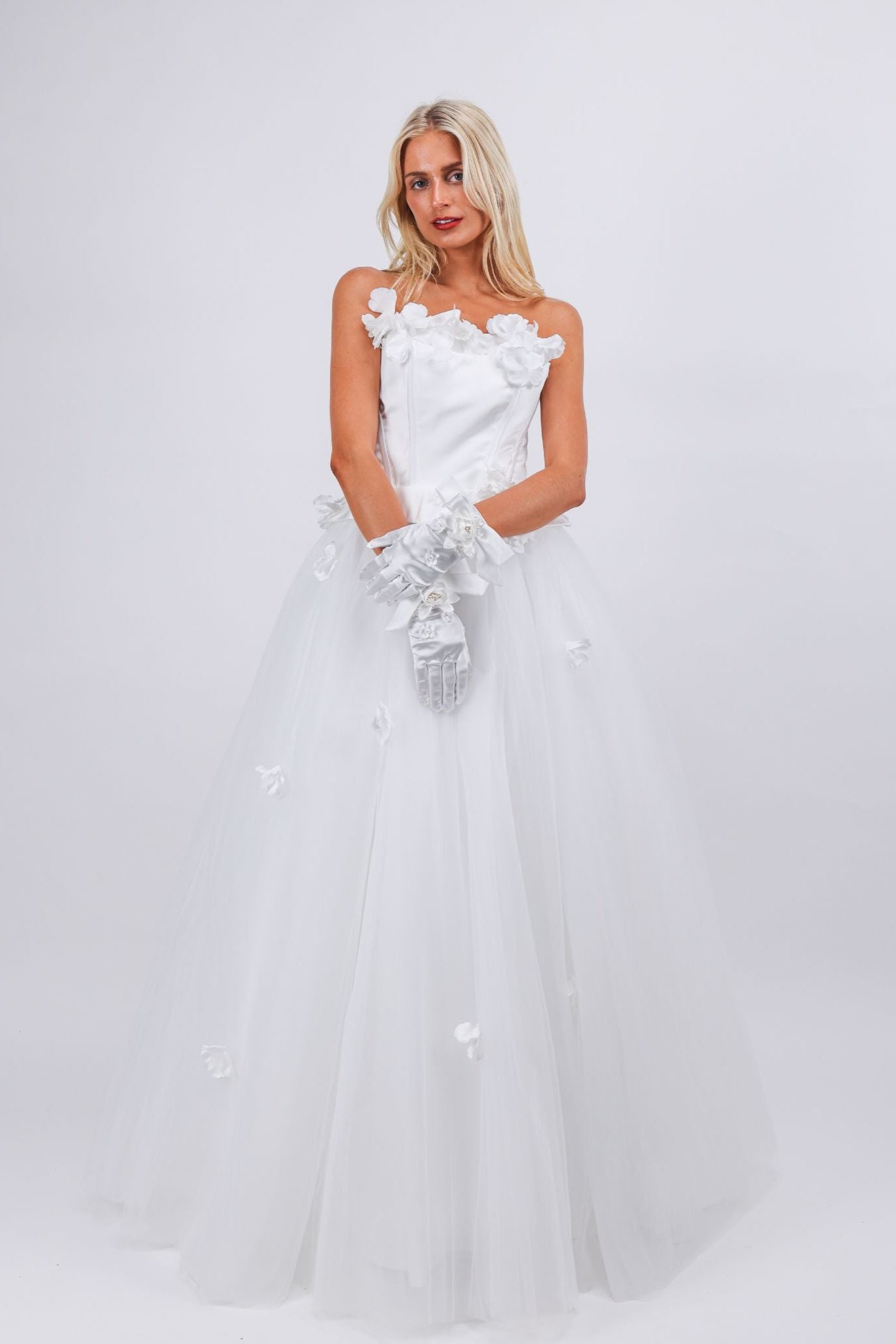Floral Appliqué Corset Tulle Gown
