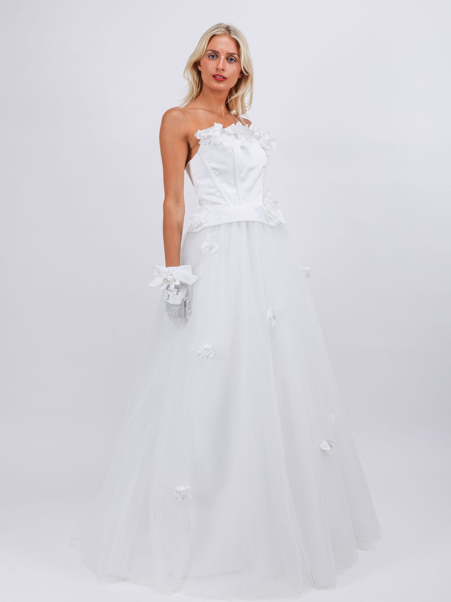 Ivone white strapless made to order pop flower maxi bridal dress