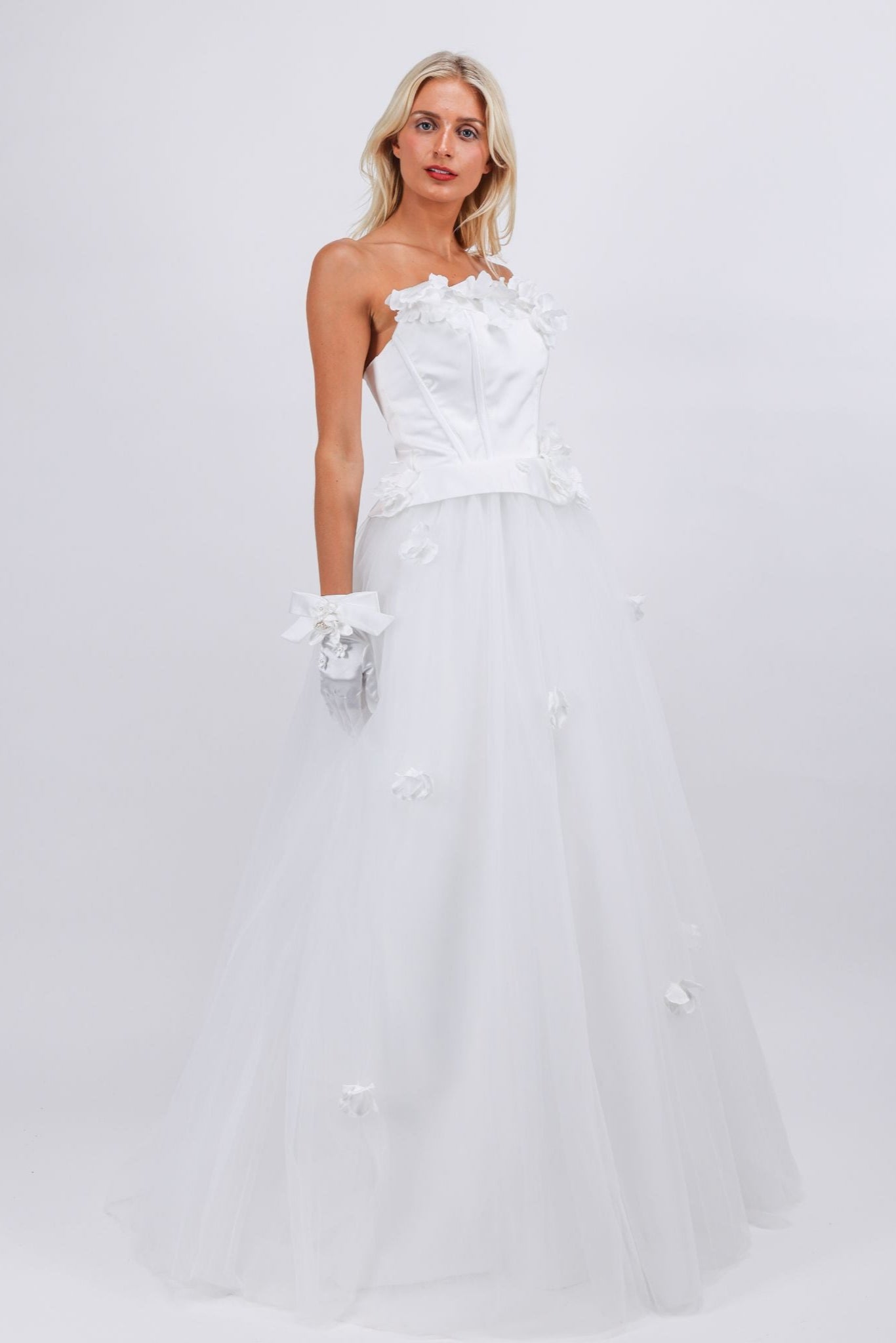 Floral Appliqué Corset Tulle Gown