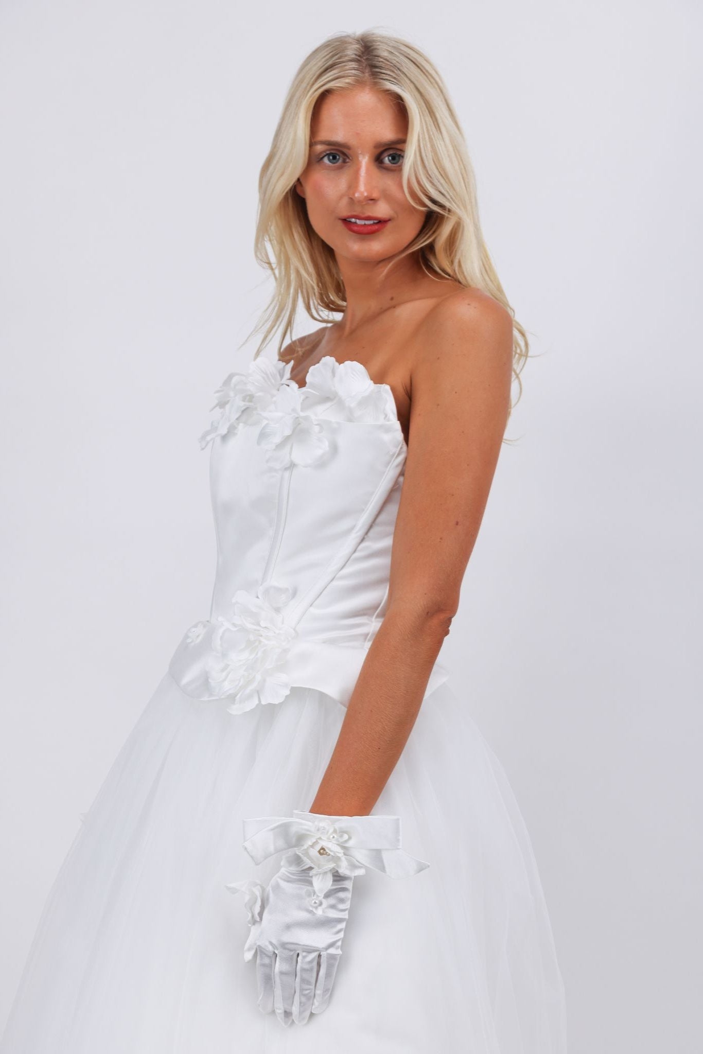 Floral Appliqué Corset Tulle Gown