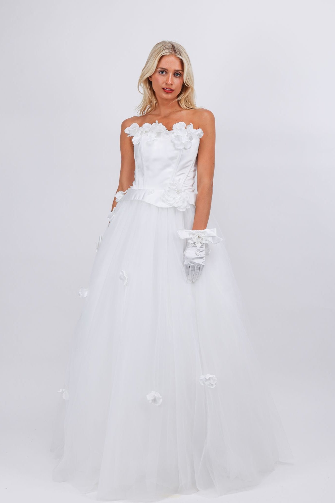 Floral Appliqué Corset Tulle Gown