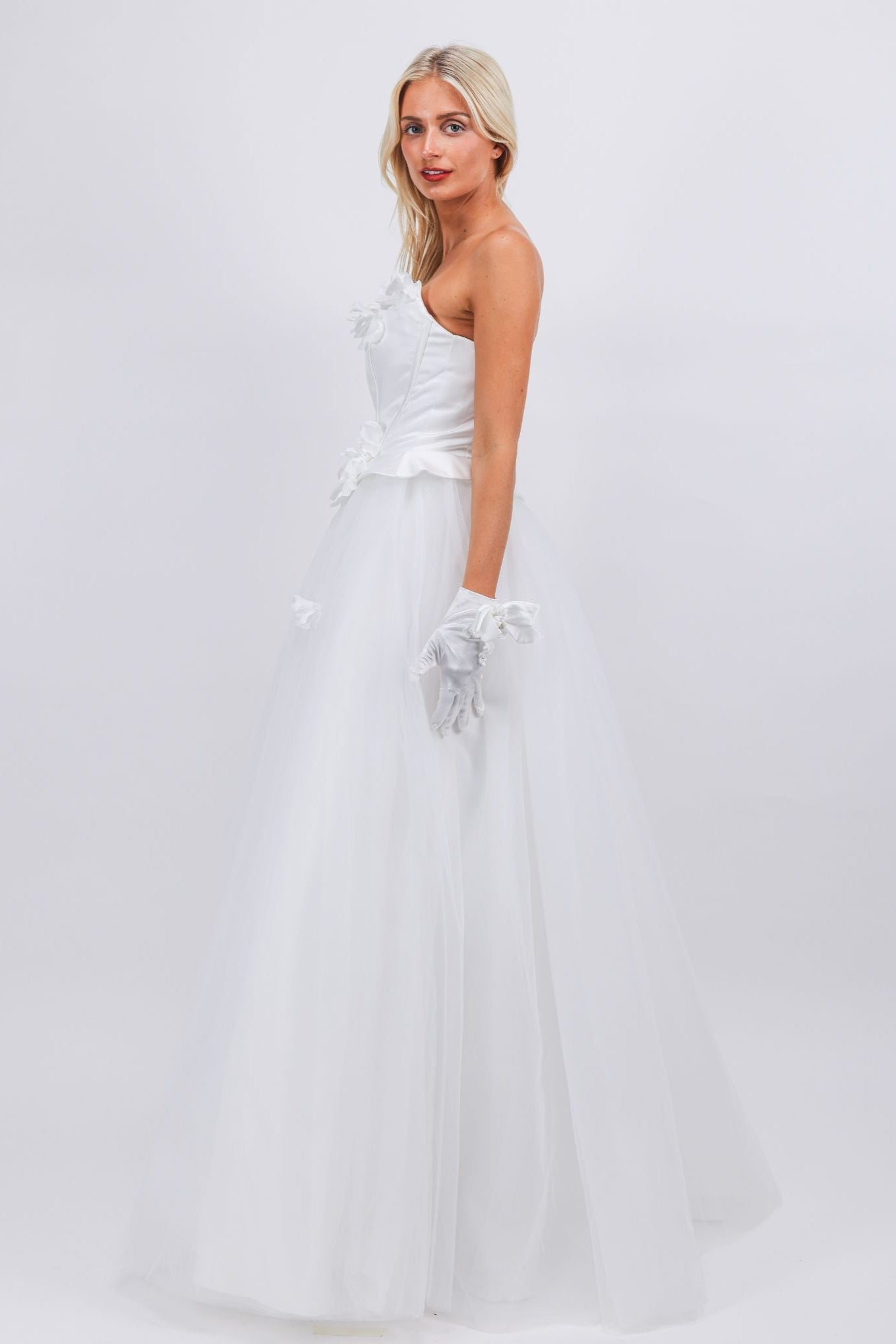 Floral Appliqué Corset Tulle Gown