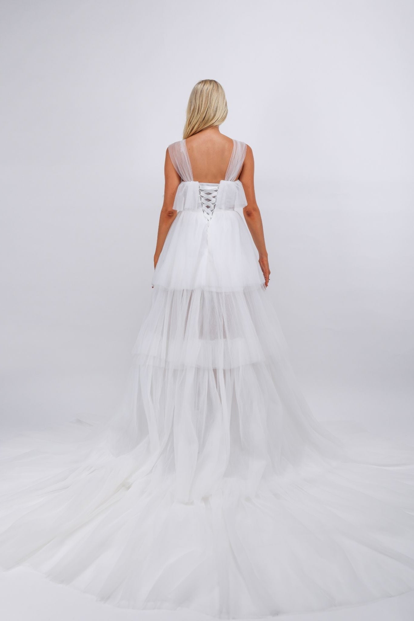 Multi layered pleated texture high low white maxi bridal dress