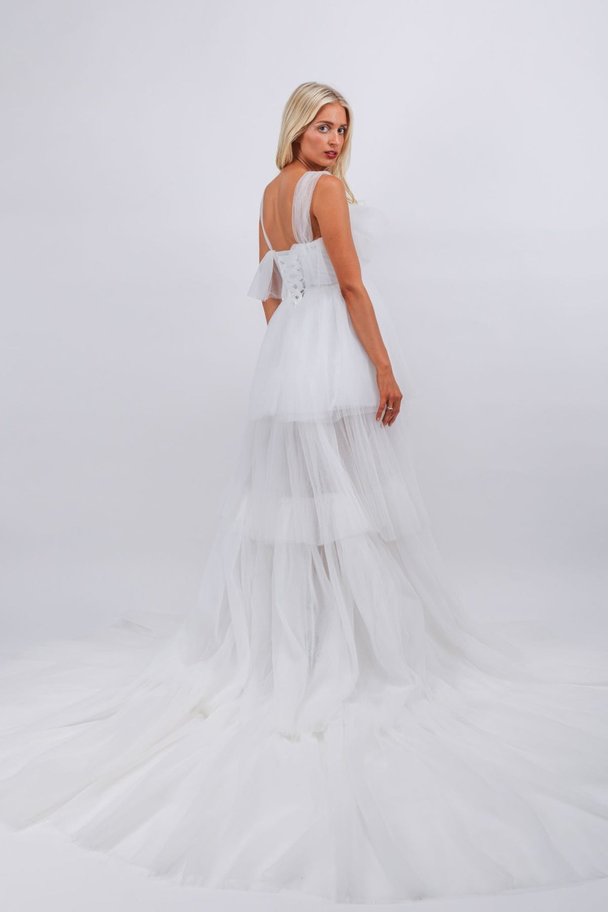 Multi layered pleated texture high low white maxi bridal dress