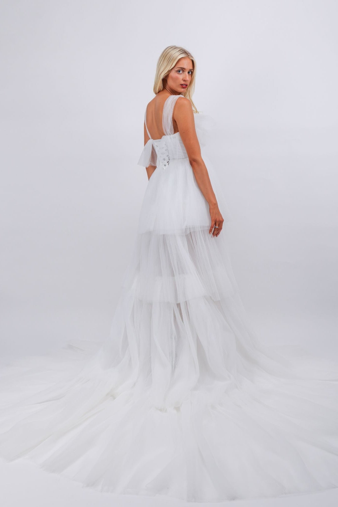 Multi layered pleated texture high low white maxi bridal dress