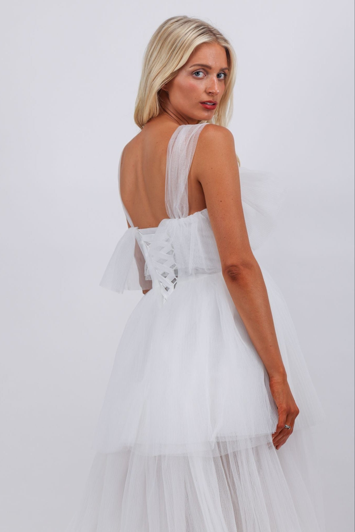 Multi layered pleated texture high low white maxi bridal dress