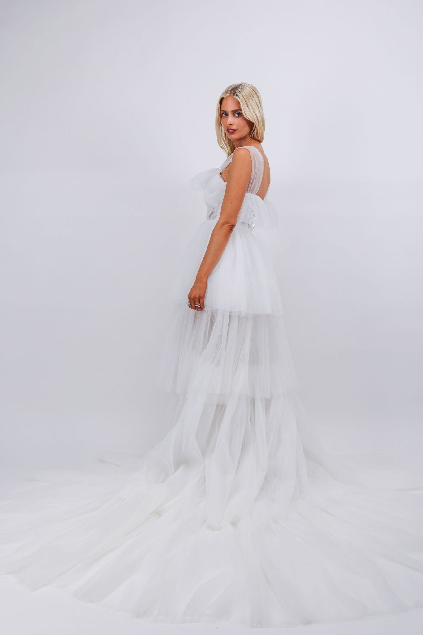 Multi layered pleated texture high low white maxi bridal dress