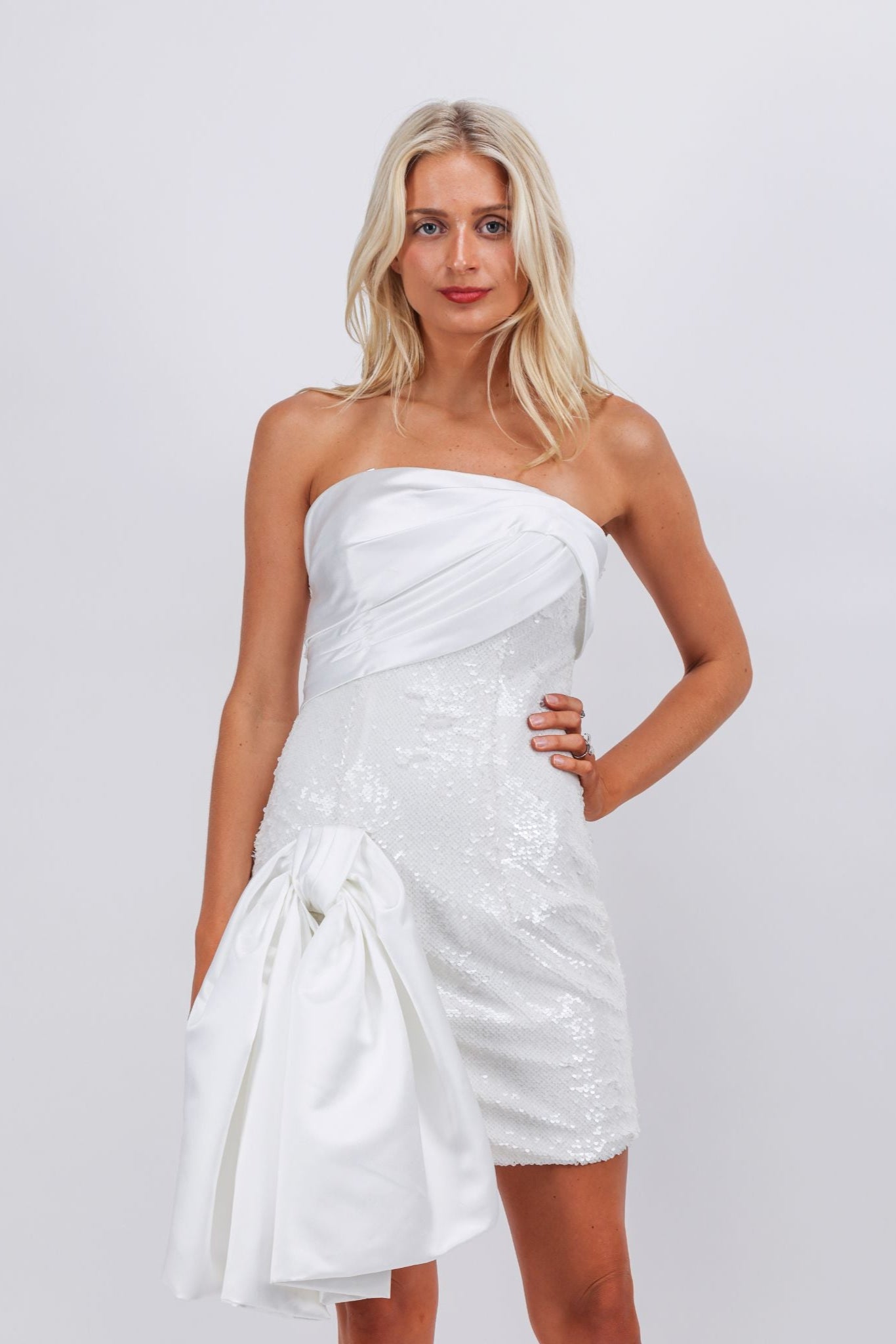 White Strapless Sequin Mini Dress with Satin Overskirt