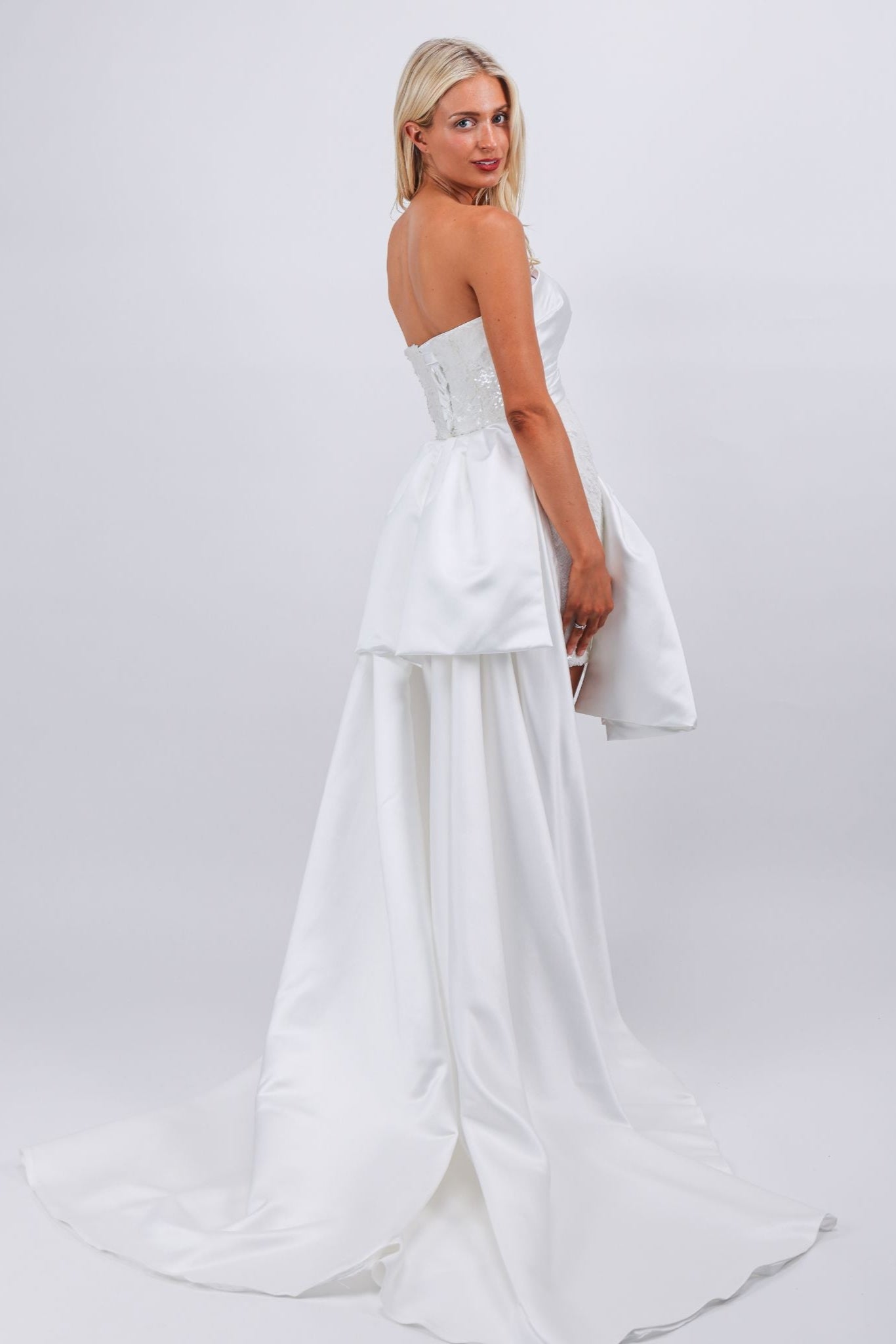 White Strapless Sequin Mini Dress with Satin Overskirt