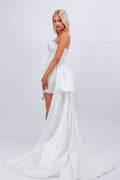 White Strapless Sequin Mini Dress with Satin Overskirt